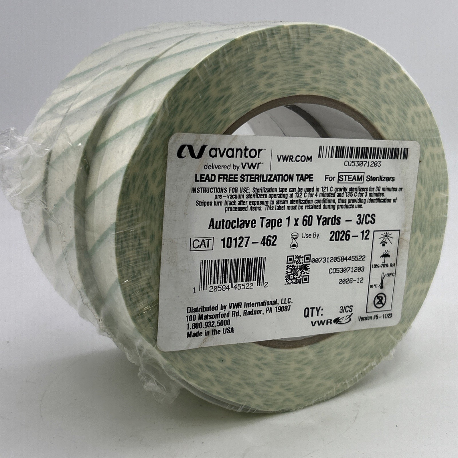 Lot of 3 – VWR – 10127-462 TAPE AUTOCLAVE LEAD FREE 1 in X 60YD. EXP: 12/2026