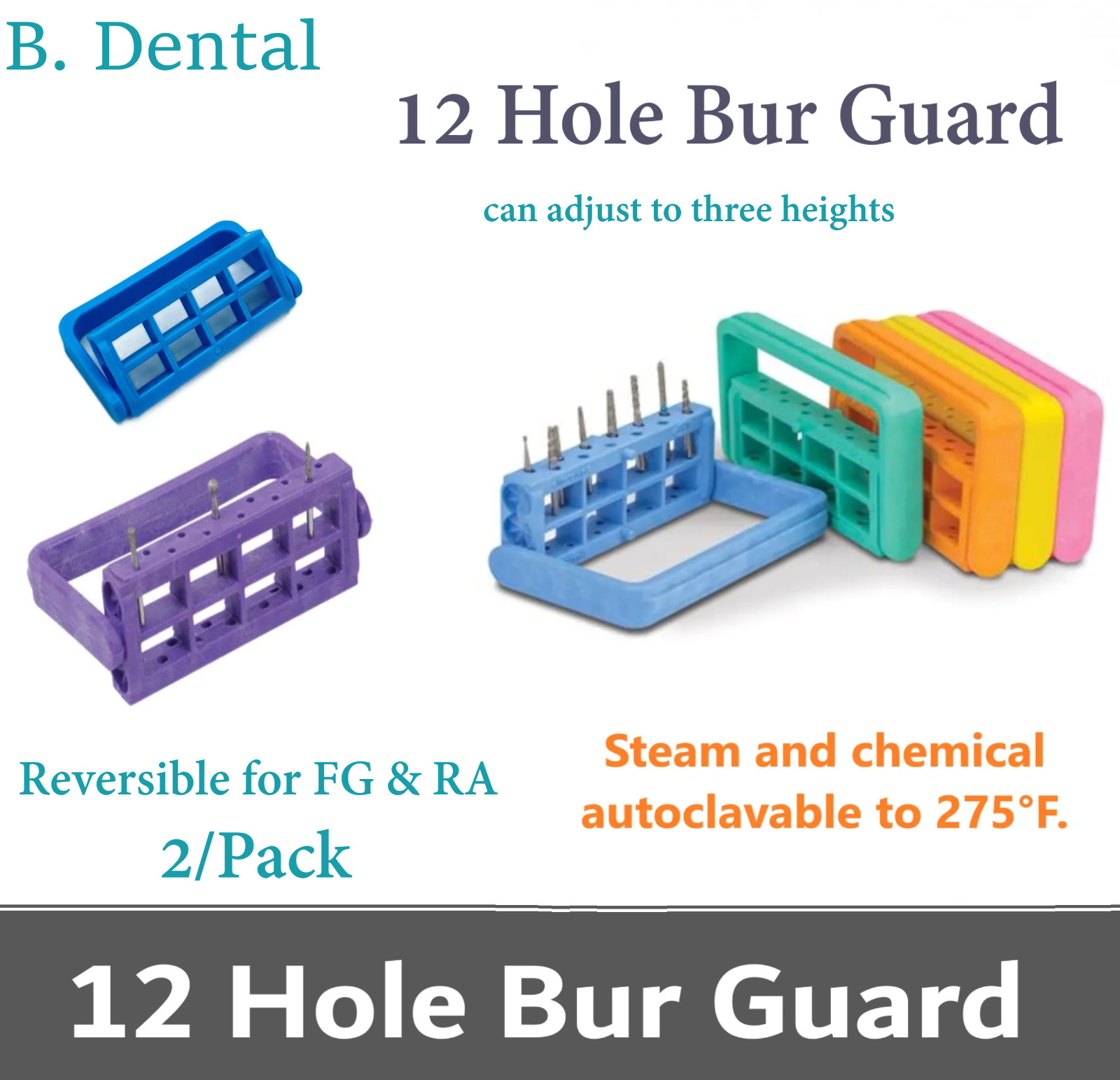 2/Pcs Dental Bur Block 12 Holes for FG, RA, Handpiece Burs, 3-Height Adjustable