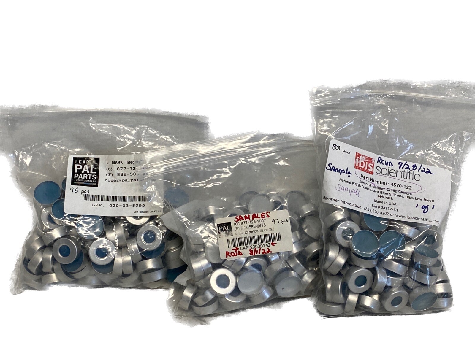 (275) 20mm Aluminum Crimp Closure w/ 3mm Blue Silicone Septa for Crimp Top Vials