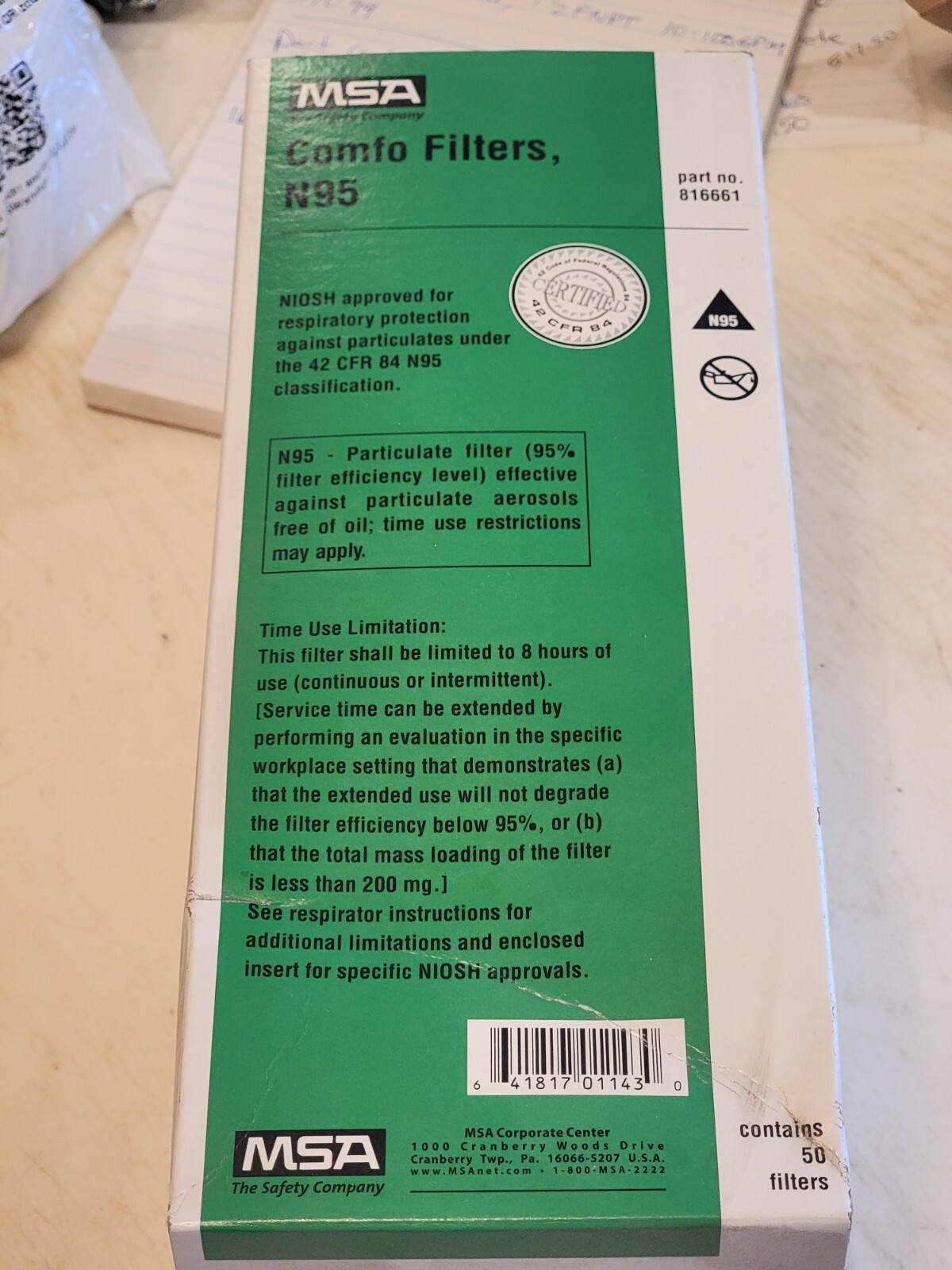 Msa Safety 816661 Filter, Threaded, N95, Black, 50 Pk, Niosh