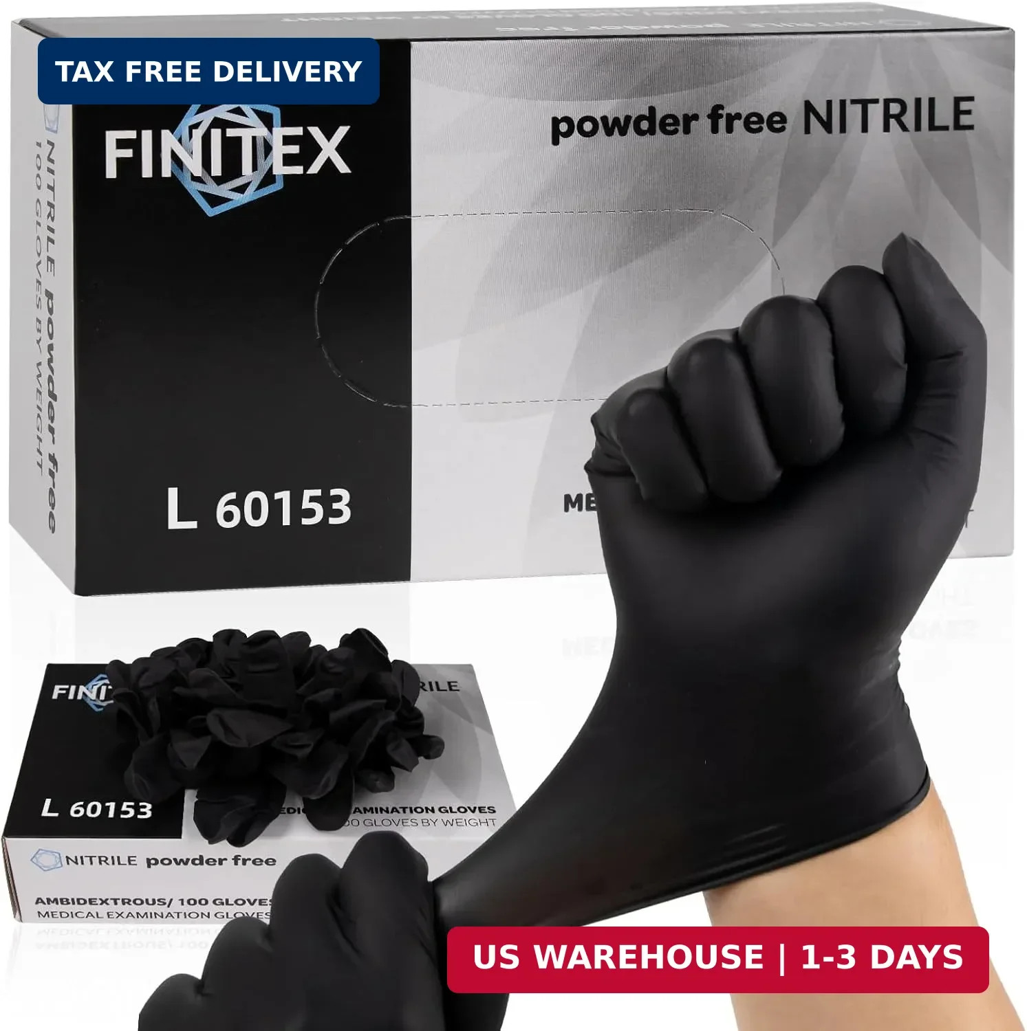 FINITEX Nitrile Disposable Gloves – Black, 3.5mil, 100PCS, Powder-Free, Medical