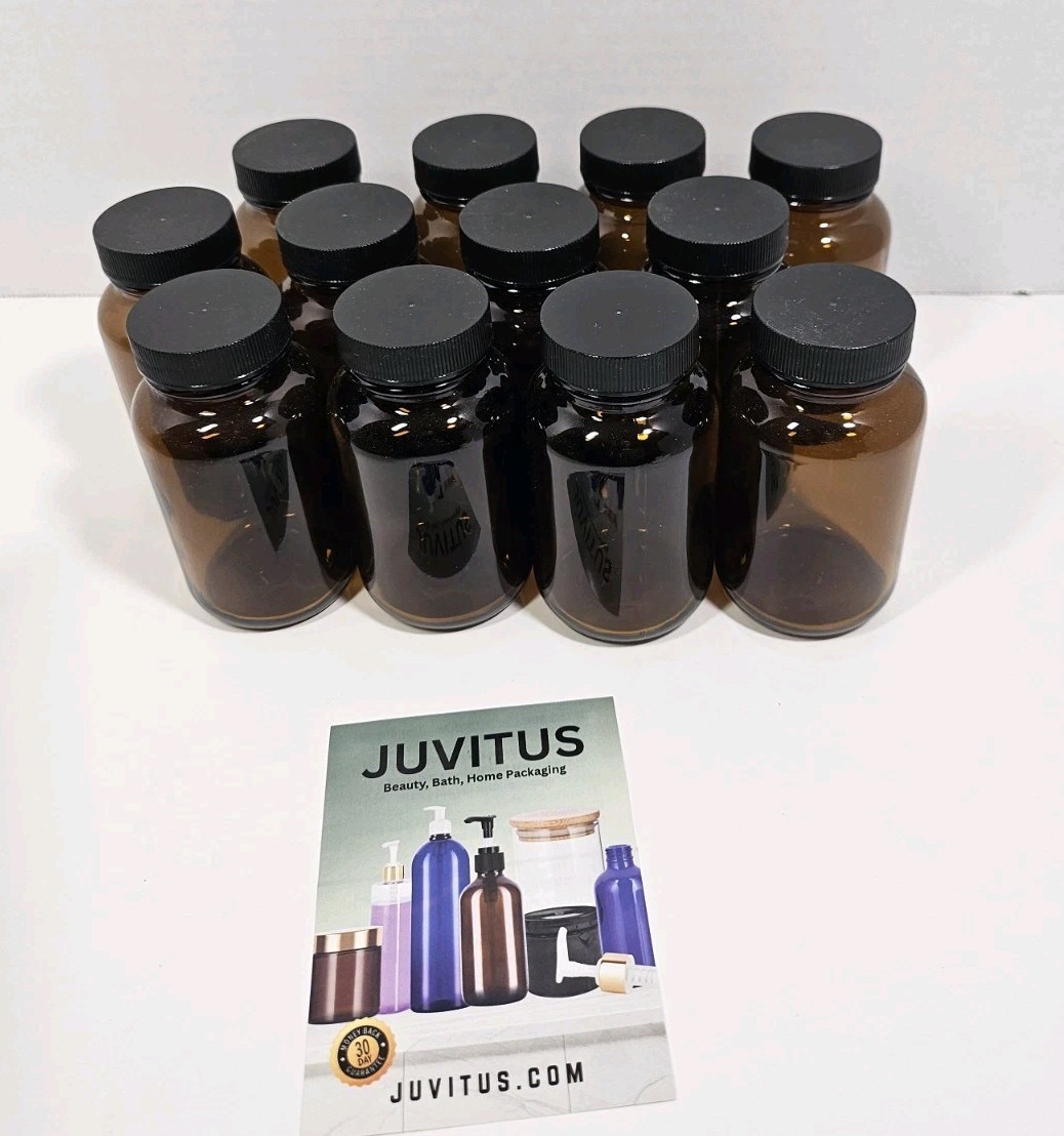 12 Pack Amber Glass 4oz Wide Mouth Round Storage Bottle With Caps