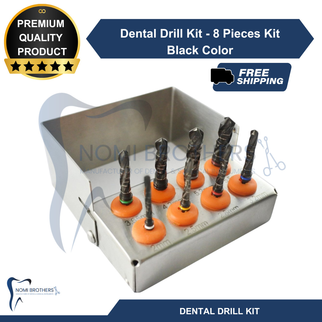 8-Piece Titanium Coated Dental Drill Kit – Black, CE Certified, Autoclavable