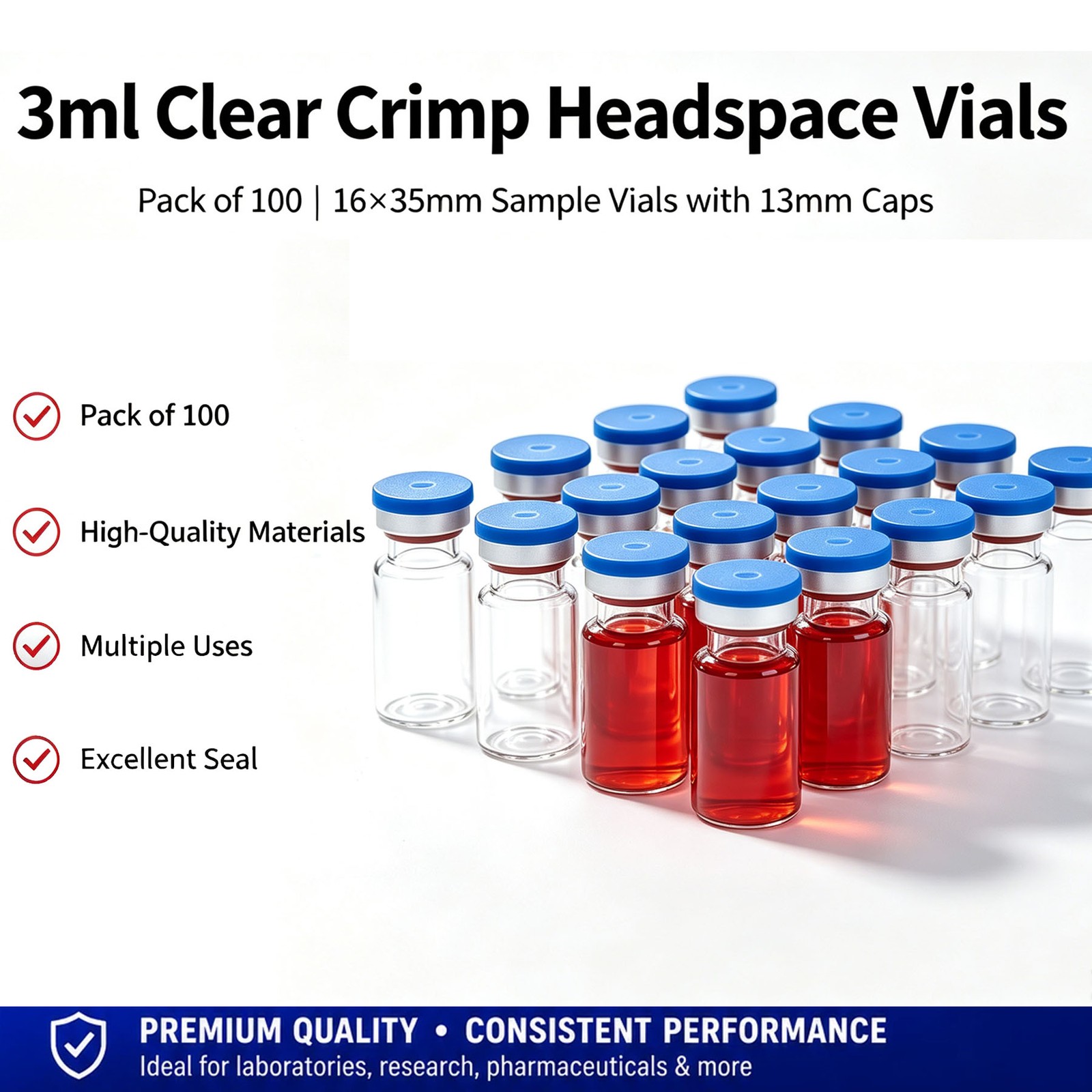 100PCS 3ml Glass Vials Clear Headspace Vials Lab Vial 13mm Crimp top Flat Bottom