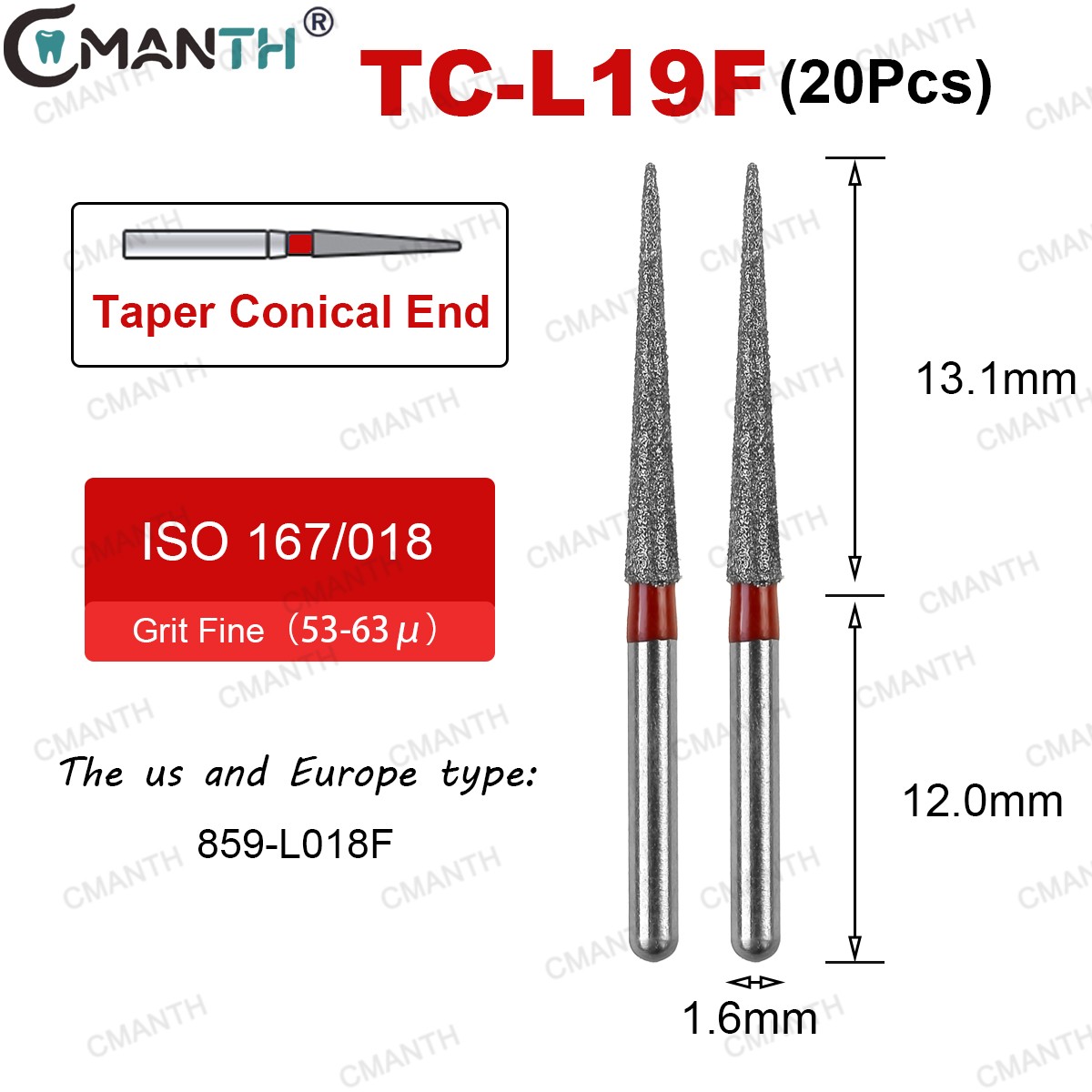 20PCS Dental Diamond Burs TC Taper Conical Bur Long 859-L018F FG1.6mm High Speed