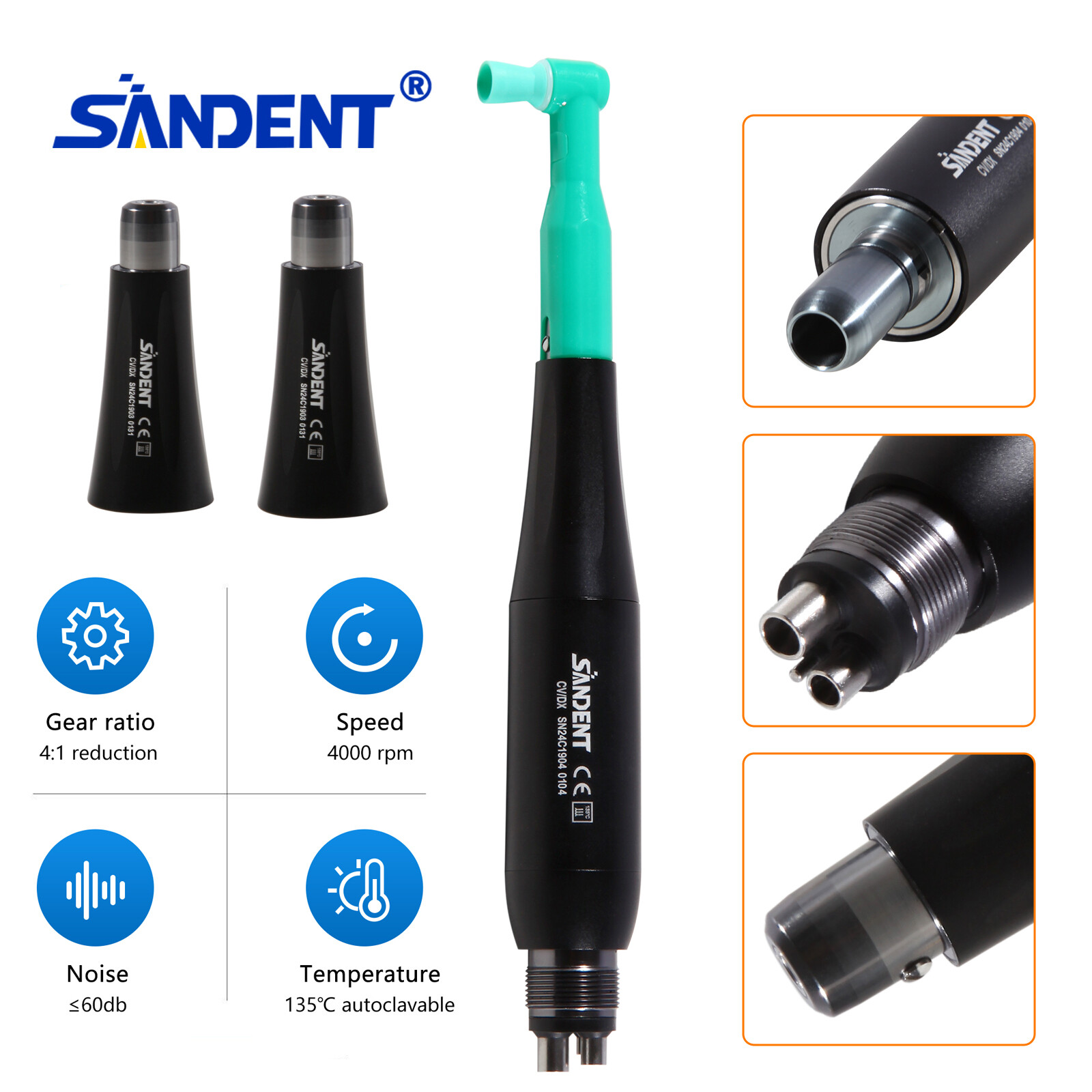 Dental Hygiene Prophy Handpiece Air Motor 4 Holes 4:1 & 3 Nose Cones Kit + Cups