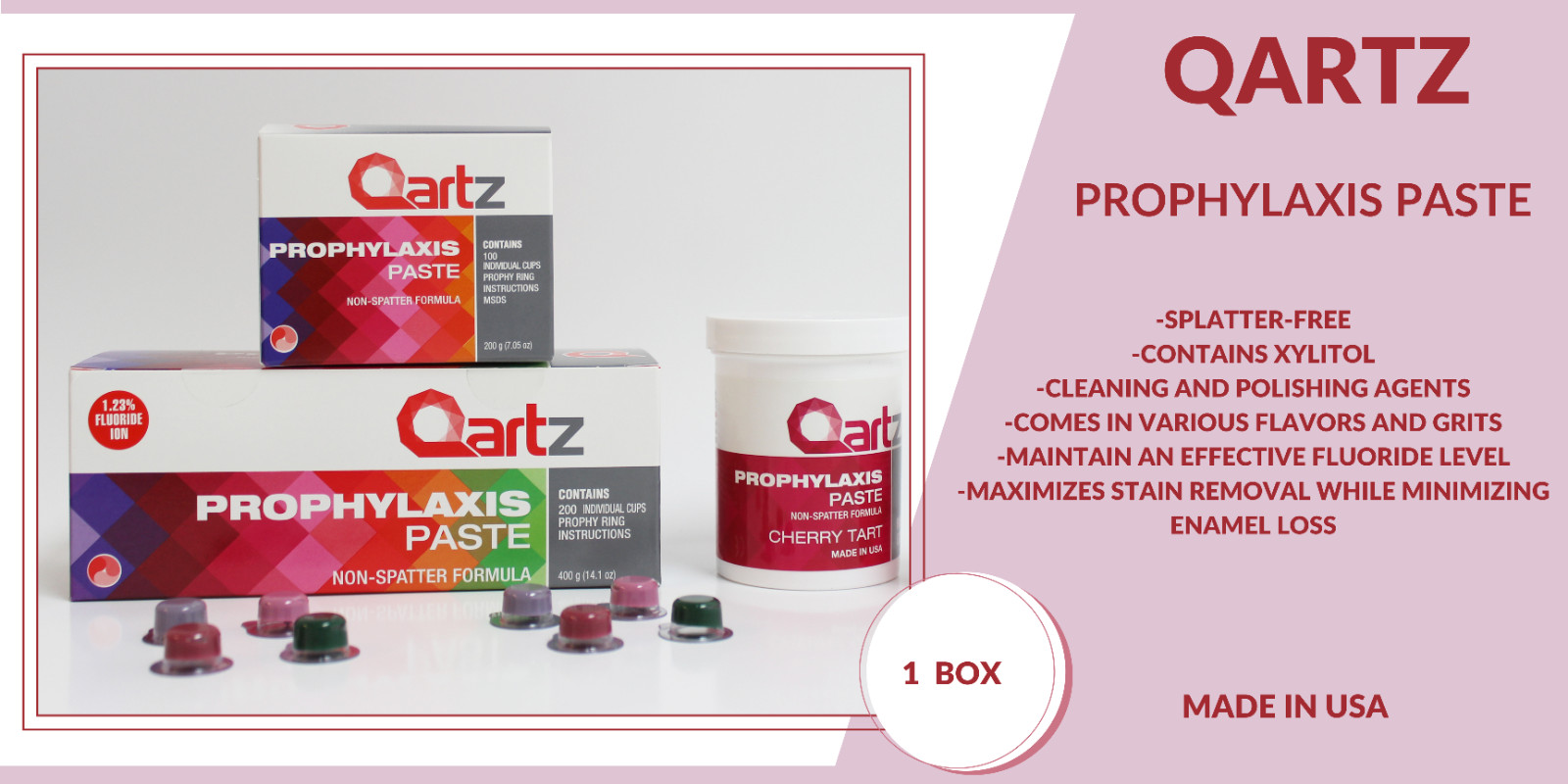 QARTZ PROPHY PASTE CUPS GRAPE COARSE 200/BOX DENTAL NON SPLATTER W/FLOURIDE