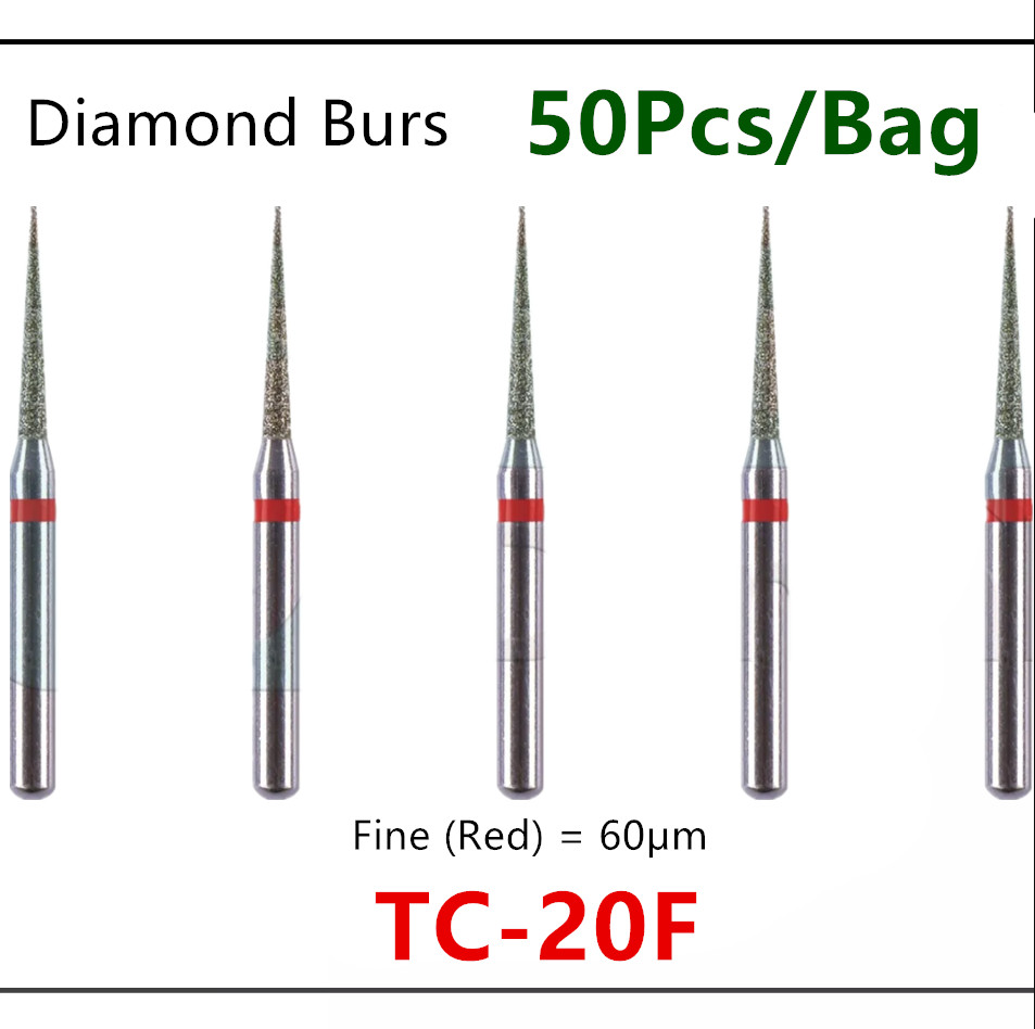50Pcs/Bag Dental High Speed Diamond Burs Taper TC-20F Fine Grit Friction Grip