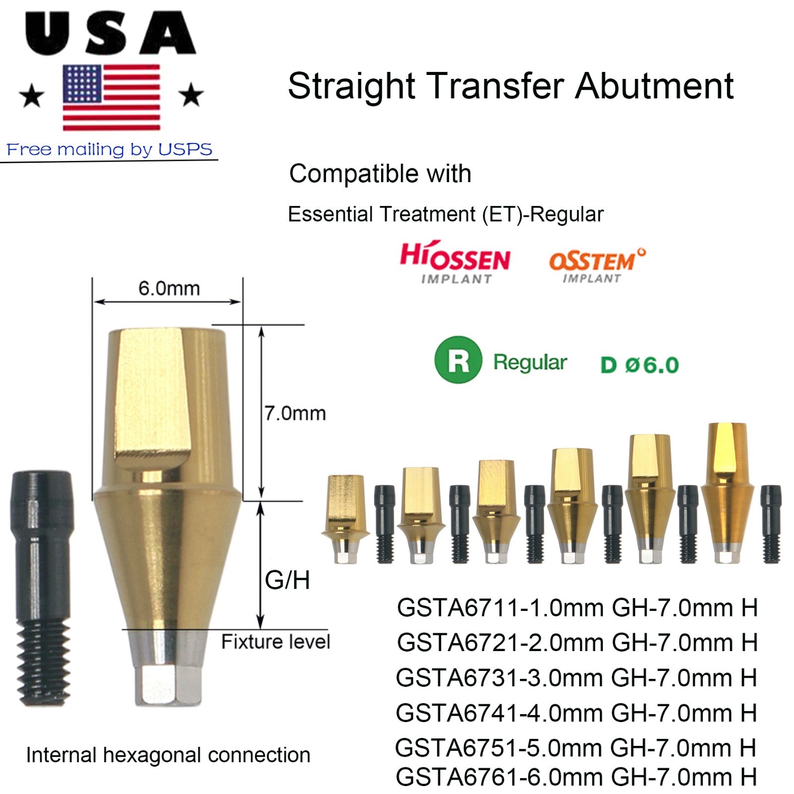 Dental Ti Mini Regular Platform Straight Transfer Abutment Hex Fits Hiossen ET