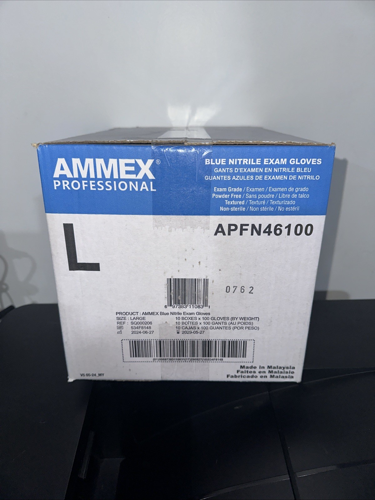 Ammex APFN46100 Exam Blue Nitrile Gloves Sz Large (Case of 1000) 10 boxes of 100