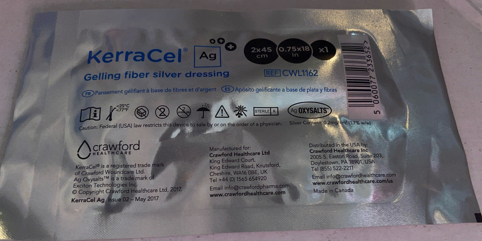 *5 Pack / Silver Dressing KerraCel Ag 3/4″x18″ Sterile Ribbon CWL1162 / Exp 9/20