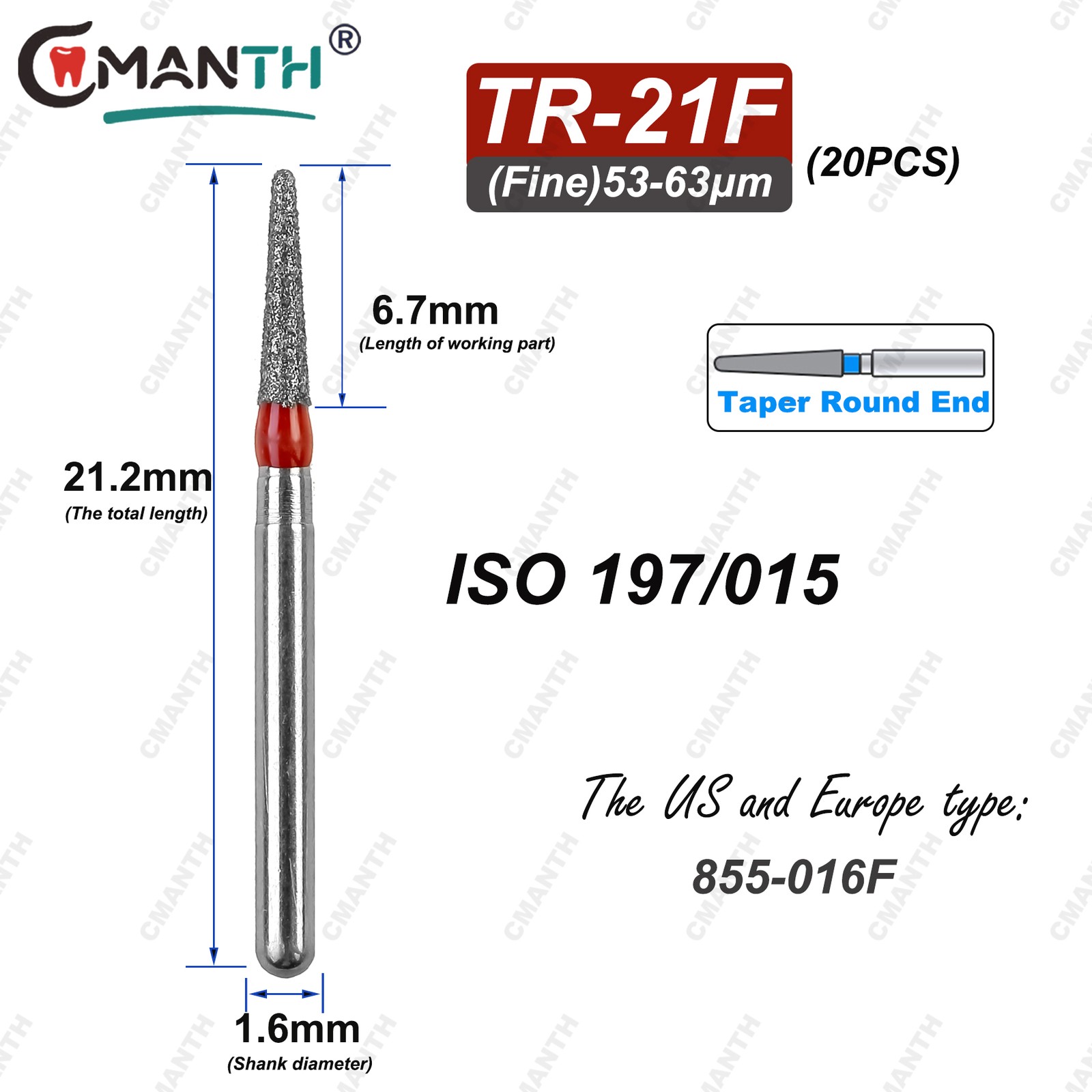 TR Type Dental Diamond Burs Fit High Speed Handpiece 1.6mm Drills 20pcs