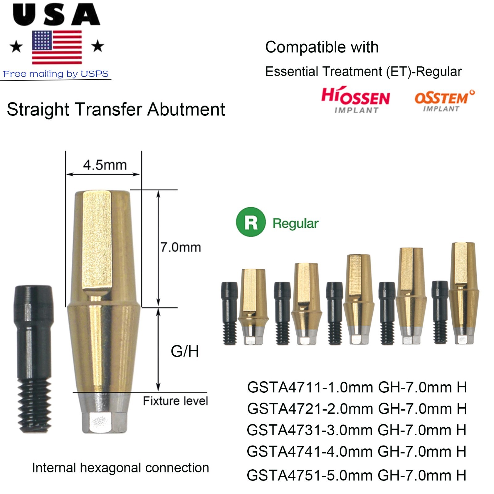Dental Ti Mini Regular Platform Straight Transfer Abutment Hex Fits Hiossen ET