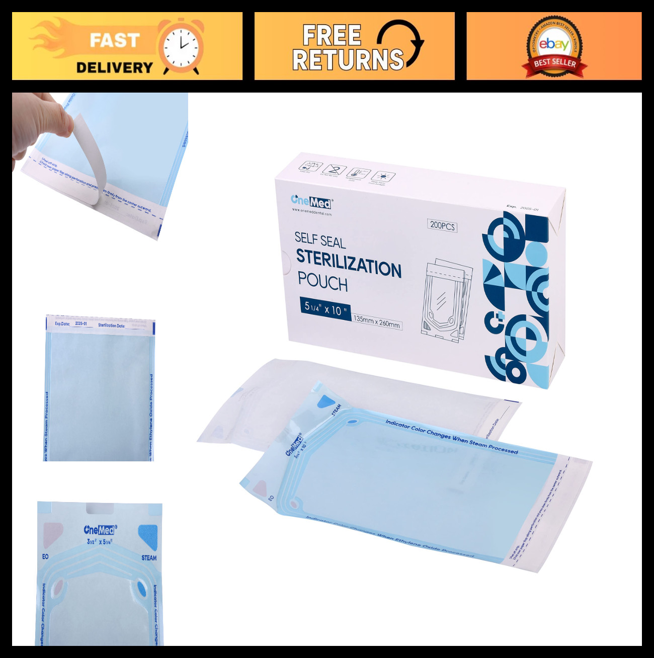 200 Dental Self-Sealing Sterilization Pouches 5.25×10″ – 200 Count Box, Safe & D