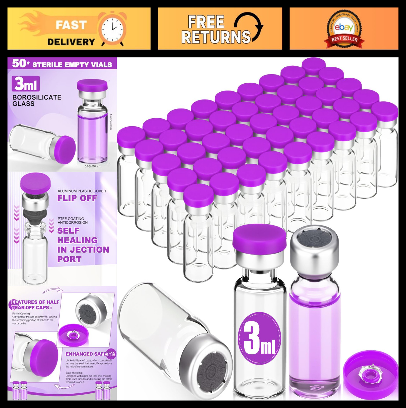 50 Pcs 3ml Sterile Glass Vials with Self-Healing Port & Flip Cap – Lab Supplies