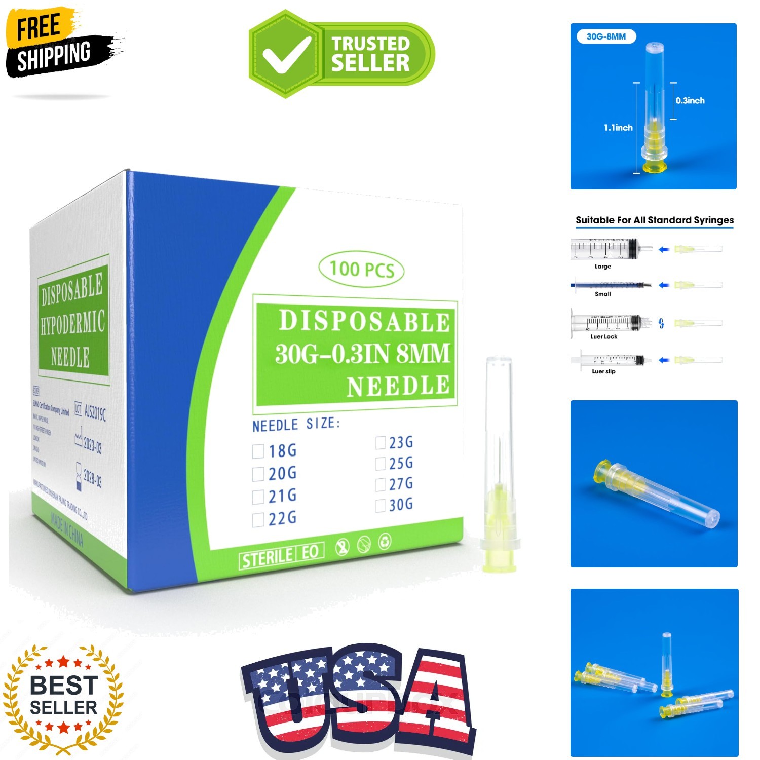 100 Pack 30 Ga 5/16 inch Disposable Needles with Caps for Scientific and Indu…