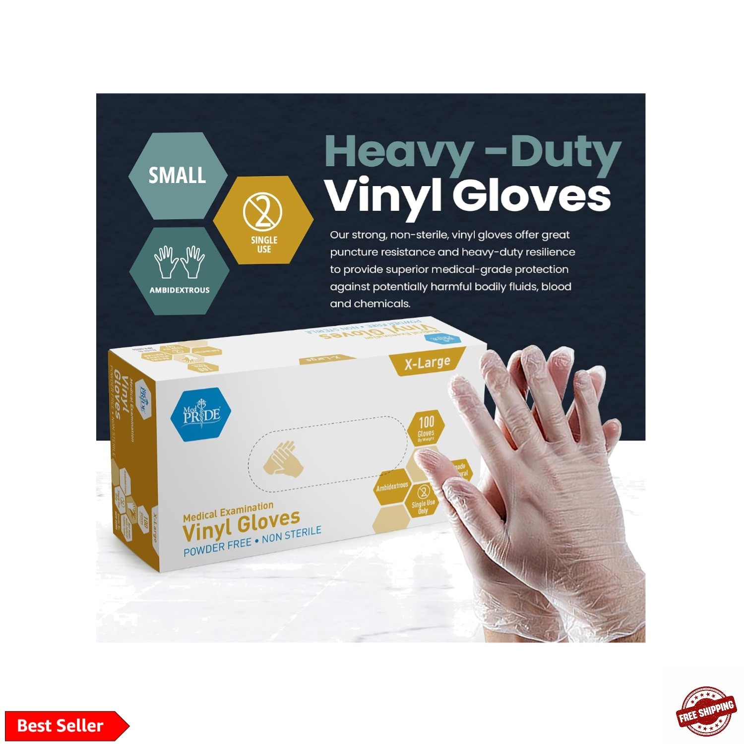Vinyl Exam Medical Gloves,Powder & Latex-Free,X-Large,100-Count