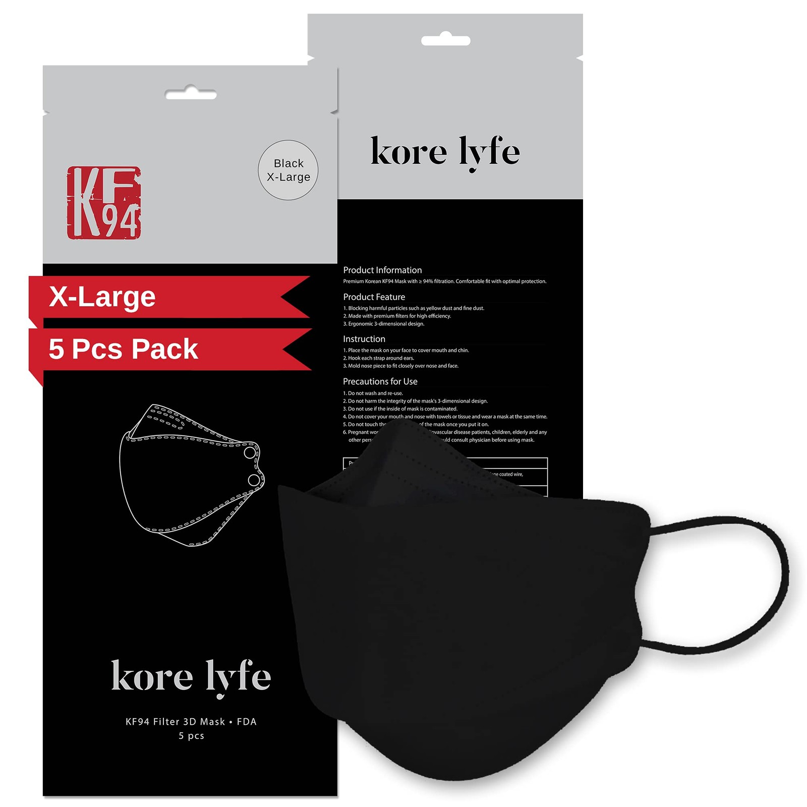 [10 PCS] 25% LARGER KF94 Face Mask – X-LARGE 1 Count (Pack of 10), Black