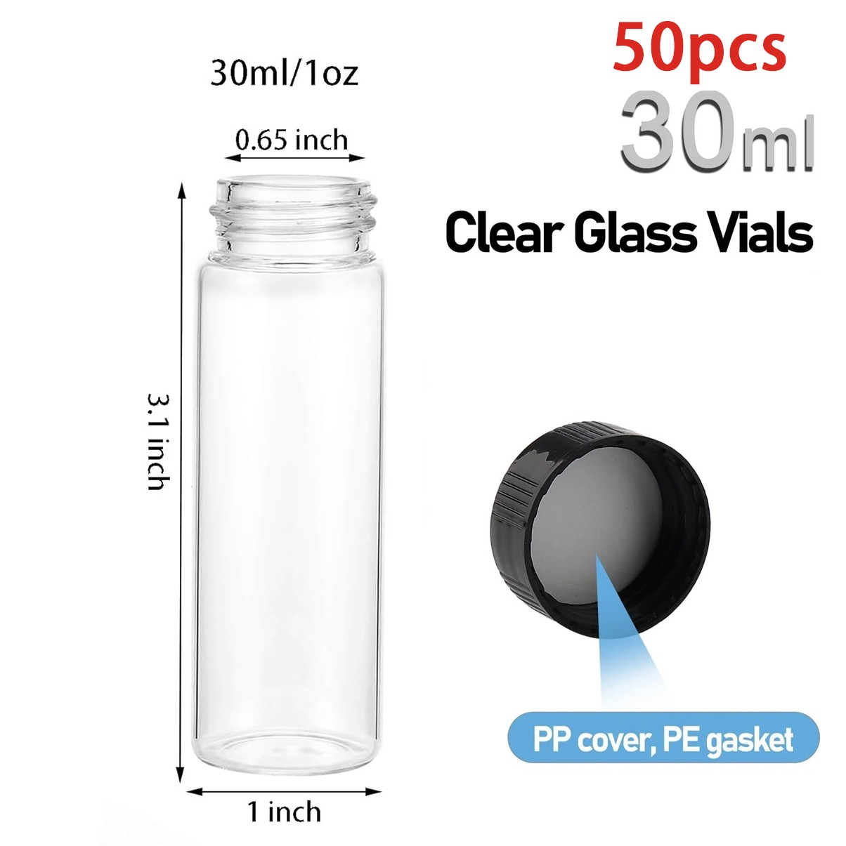 100pcs 30ml Glass Vials w/ Caps Clear Sample Vials Lab vials Liquid Small Vials