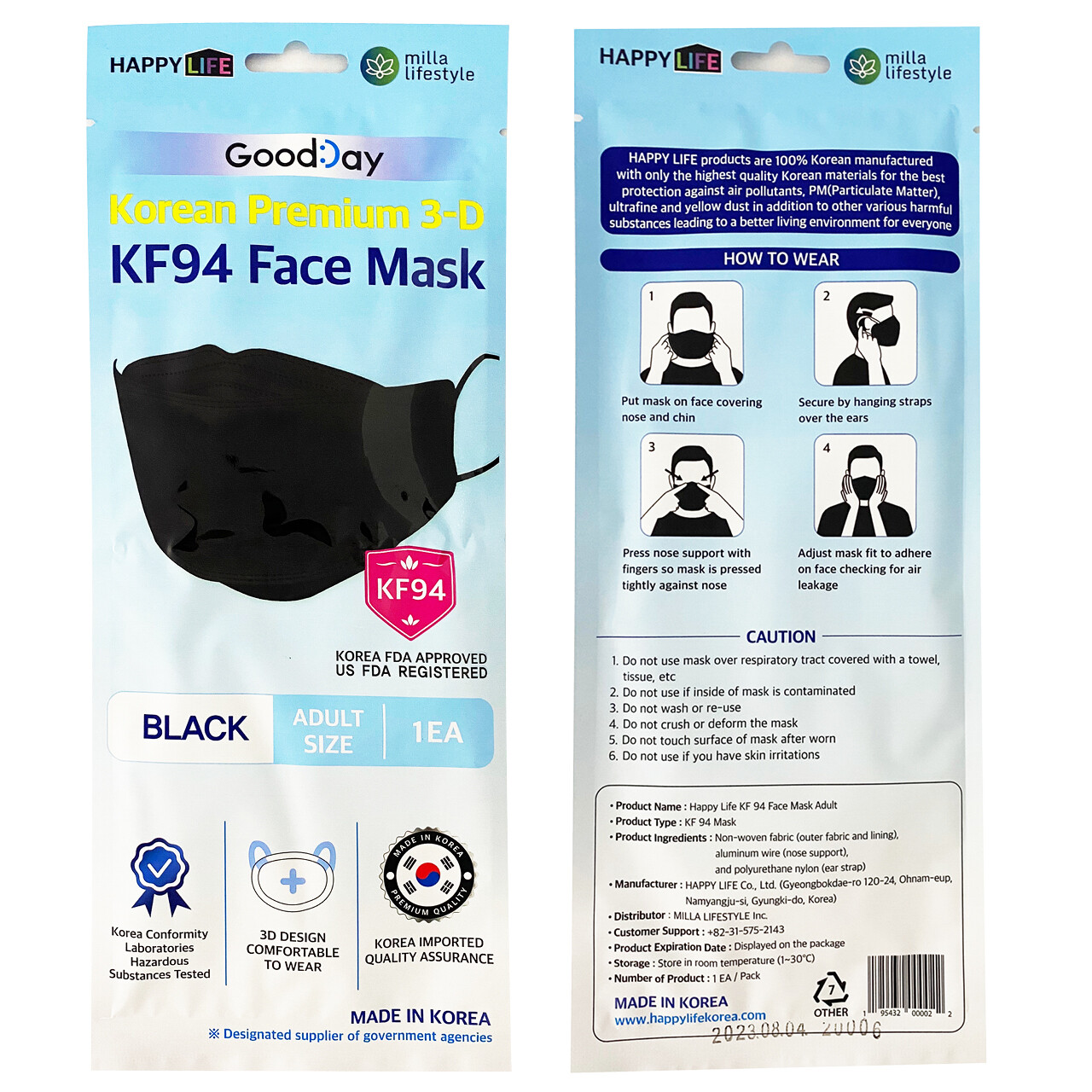 2 Pack KF94 BLACK Protective Face Mask Adult Made in Korea KFDA Approved