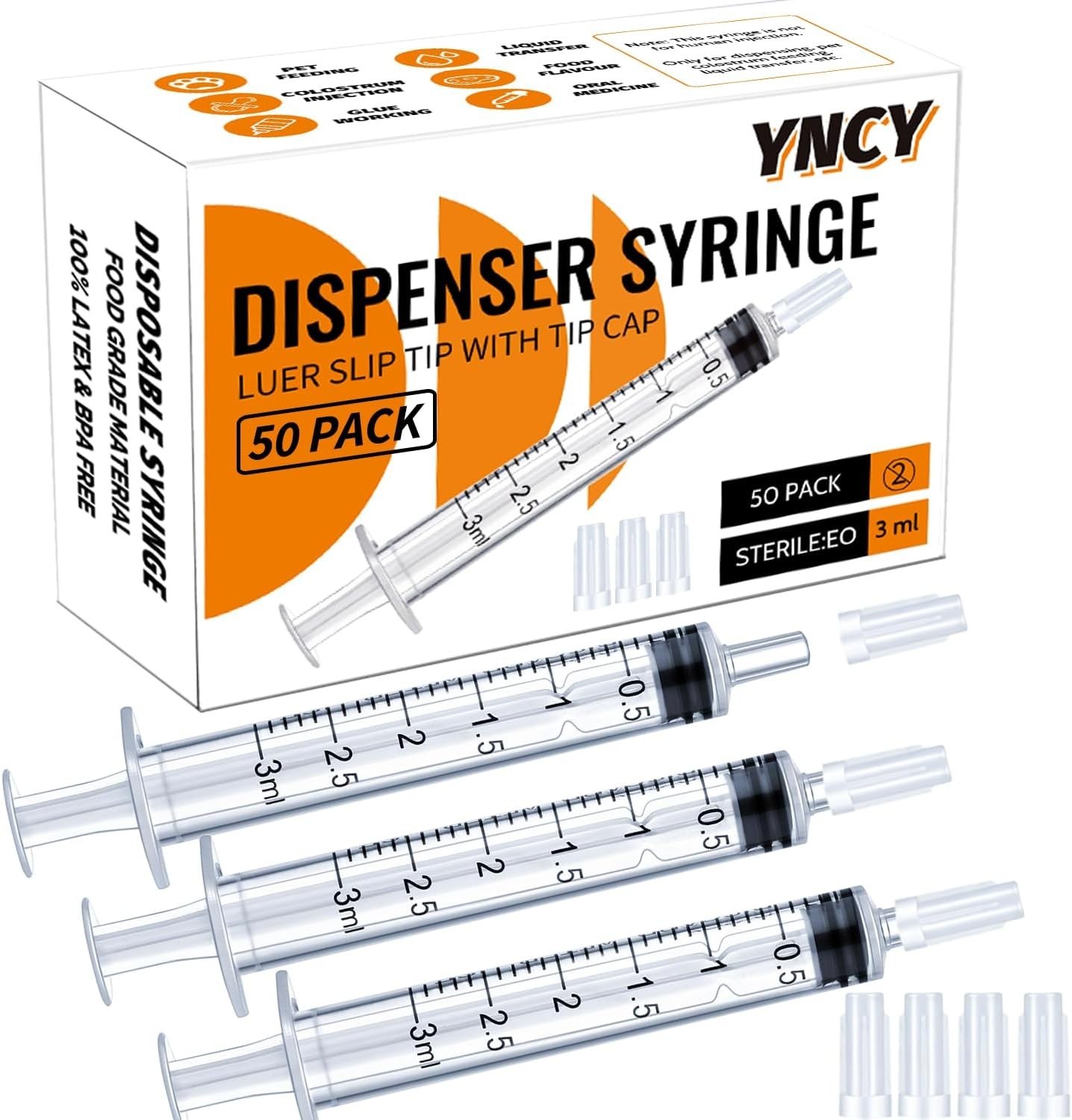 3ml Syringes with Cap Luer Slip Tip Bulk Pack Sterile Sealed No Needle 50 Count