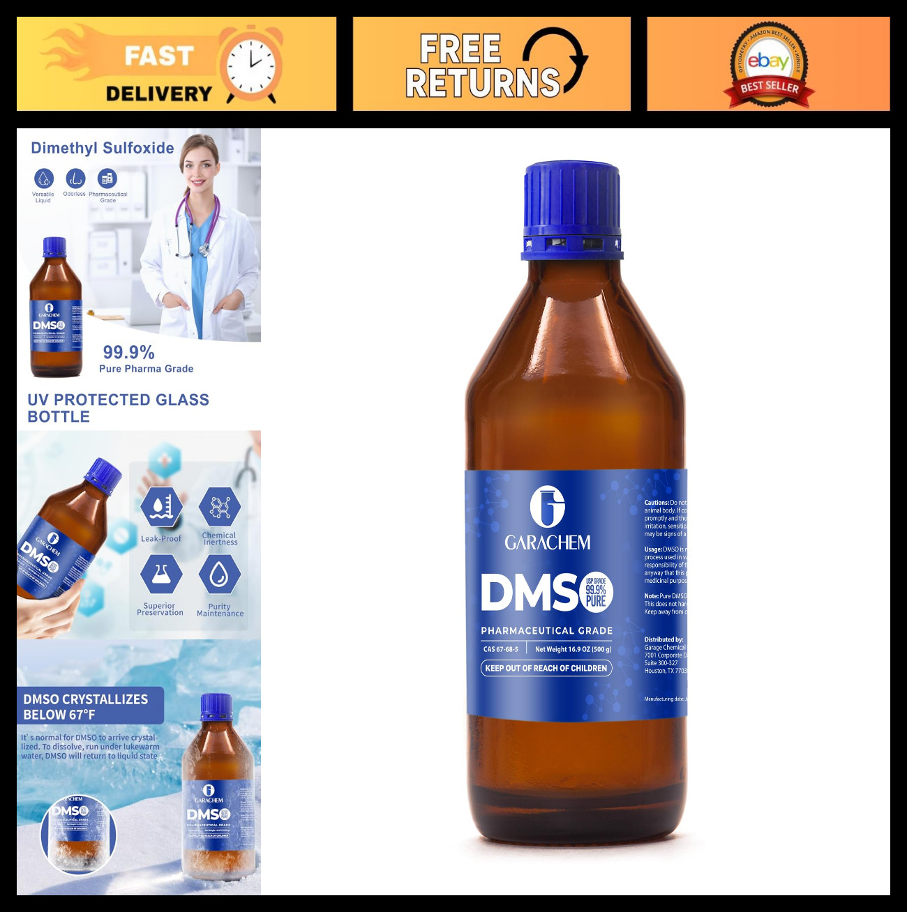 99.9% Pure DMSO Liquid – Pharmaceutical Grade Dimethyl Sulfoxide 16.9 OZ Glass B