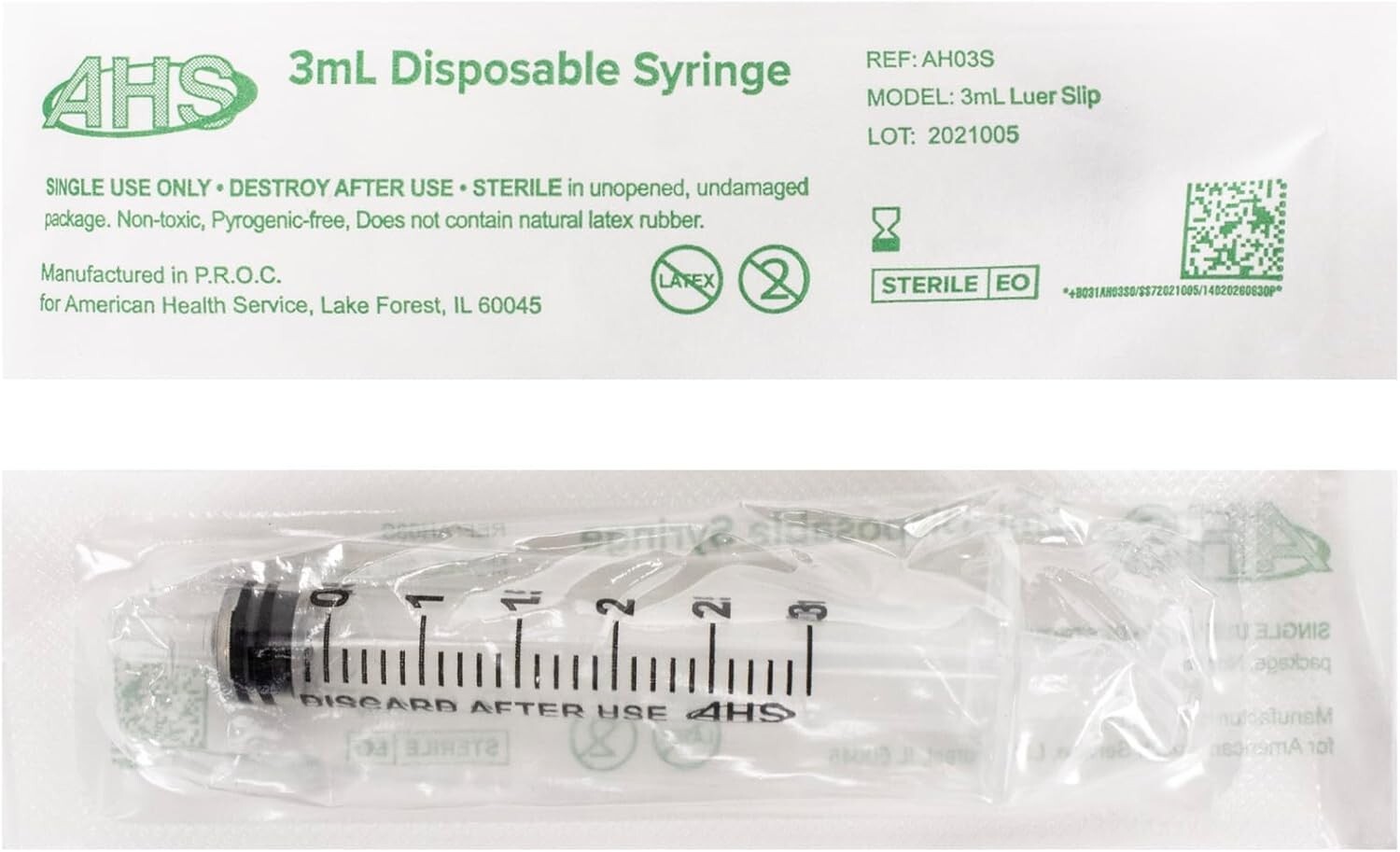AHS 3ml 3cc Luer Slip Syringe, Sterile, 100/Box, Syringe Only No Needle