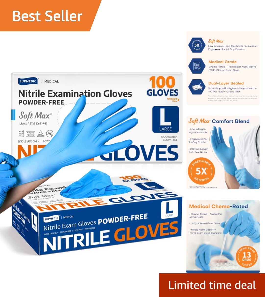 Medical Soft Max Nitrile Gloves 100 Count Food Safe Latex-Free Large