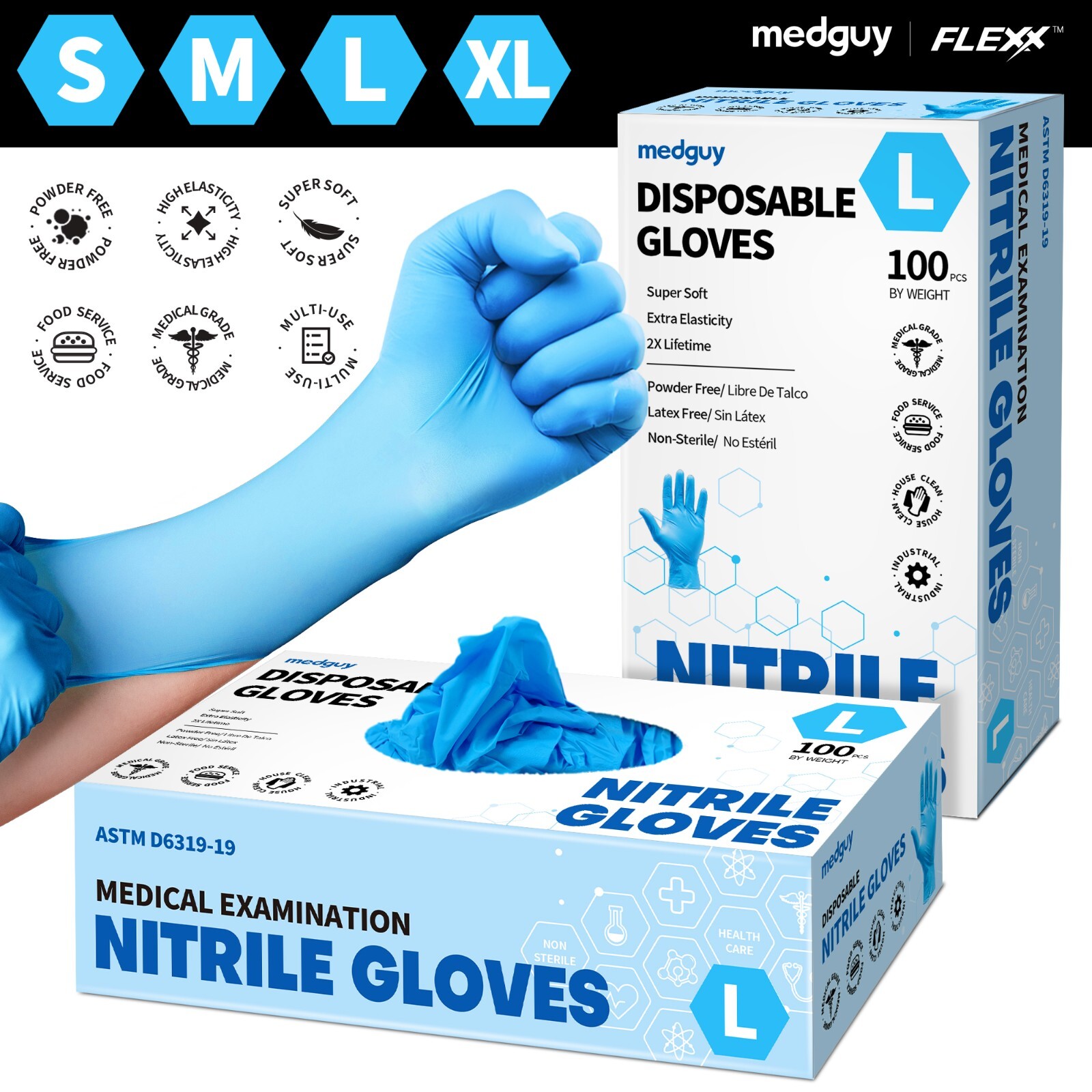 Disposable Nitrile Gloves 100 PCs 4.5 mil Blue Powder-Free Food-Safe Exam Glove