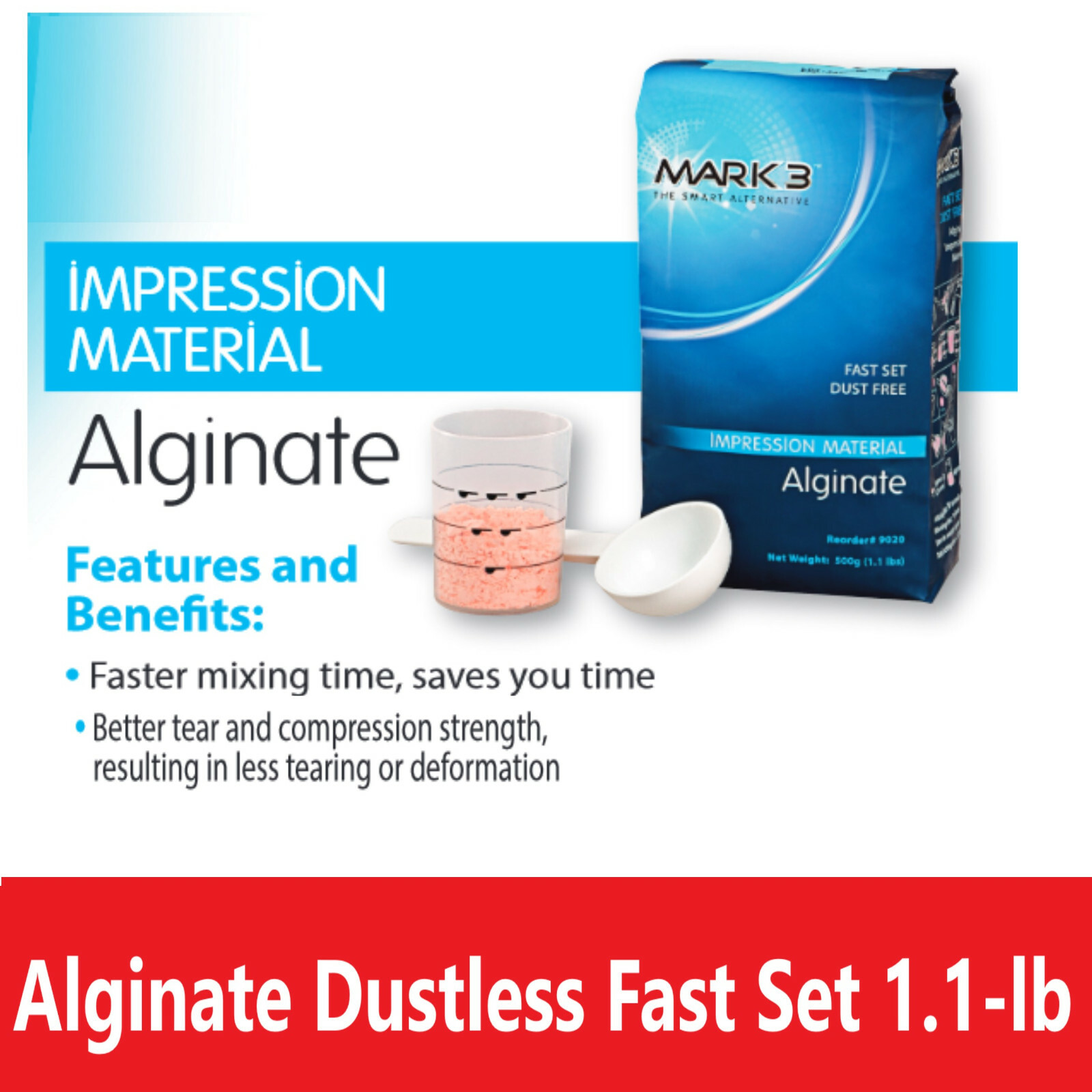 Dental Impression Material Alginate Dustless Fast Set, 30 Sec Mix Time 1.1-lb