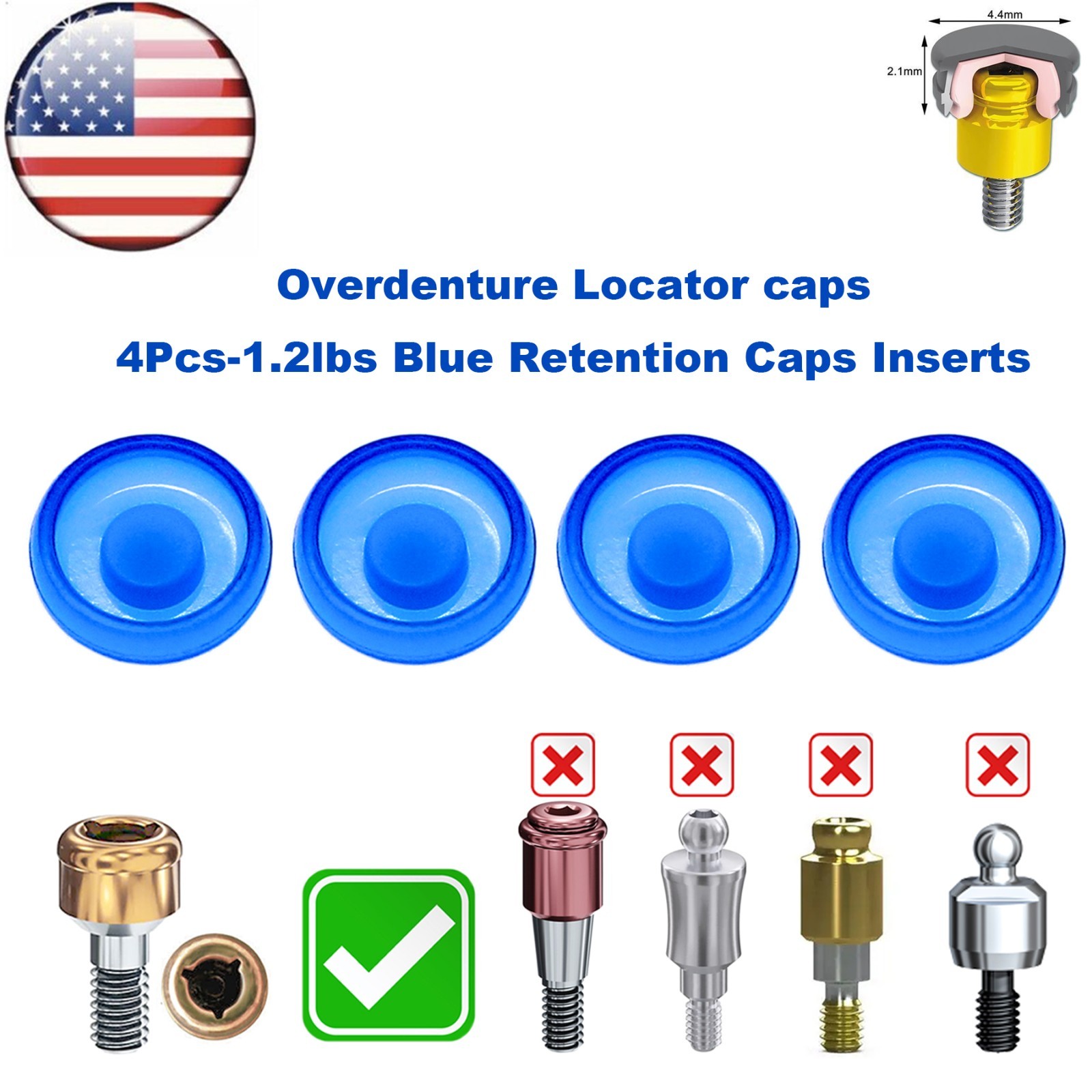 US Dental Overdenture Locator Core Tool Strong Retention Caps 1.2/2.4lbs Inserts