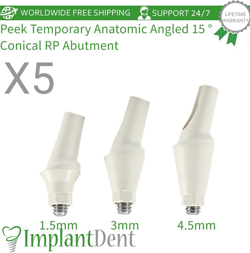 5X Peek Temporary Anatomic Angled 15°Prosthetic Dental Fixture Conical RP 2.65mm