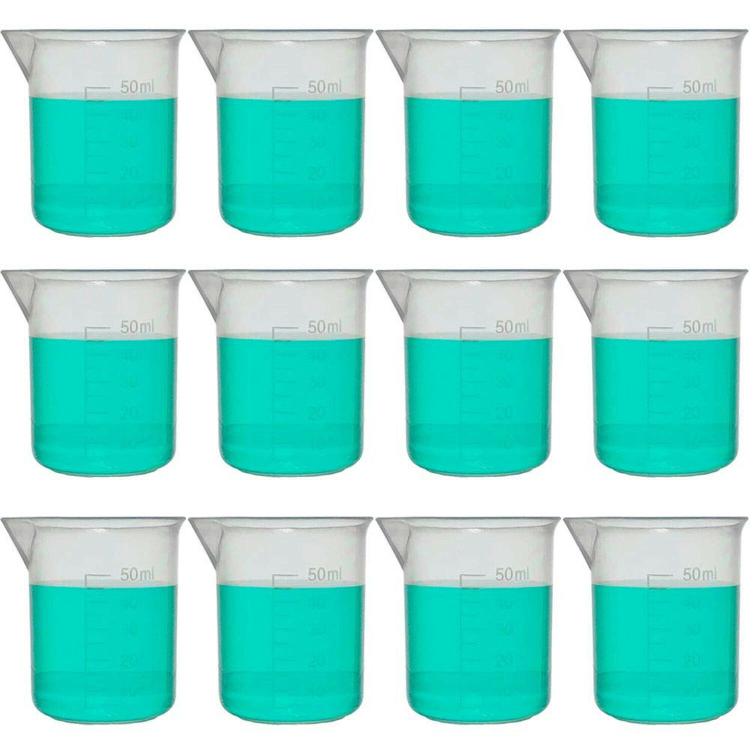 50ml Plastic Beaker, Low Form, Molded Graduations, Polypropylene (Pack of 12)