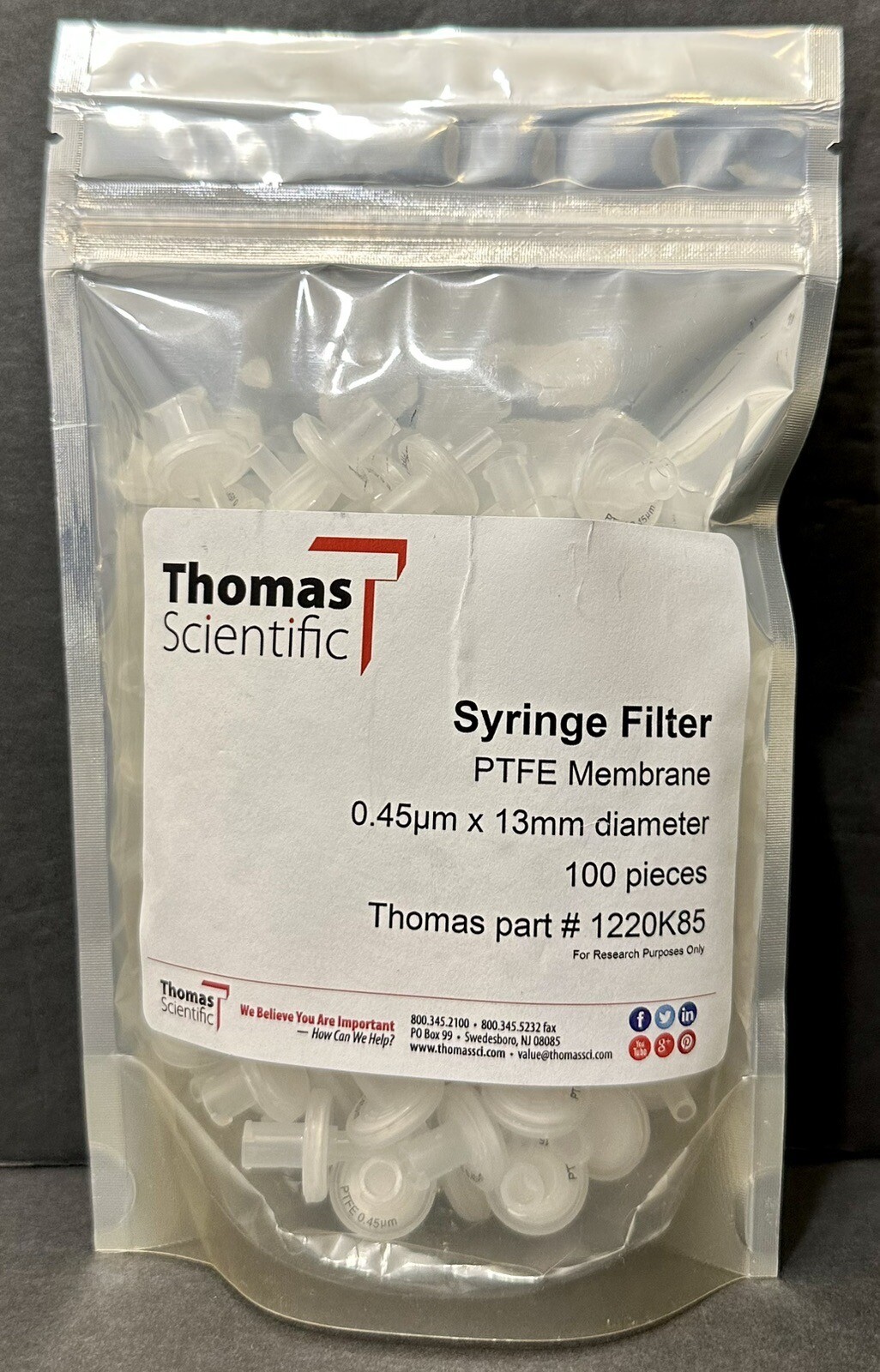 Thomas Scientific Syringe Filter PTFE Membrane 0.45um x 13mm Diameter 1220K85