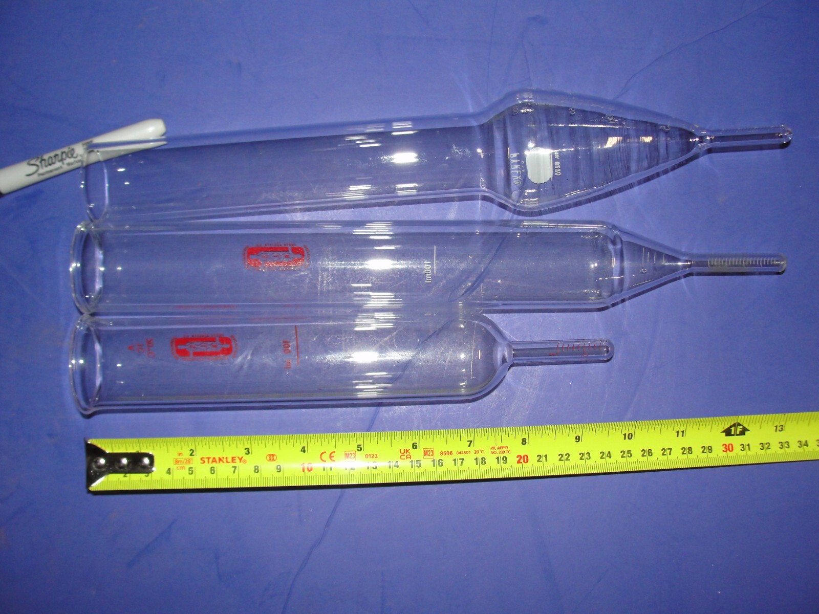 3 Concentrator concentration Tubes Pyrex 8220 100ml lab glass rare Made in USA