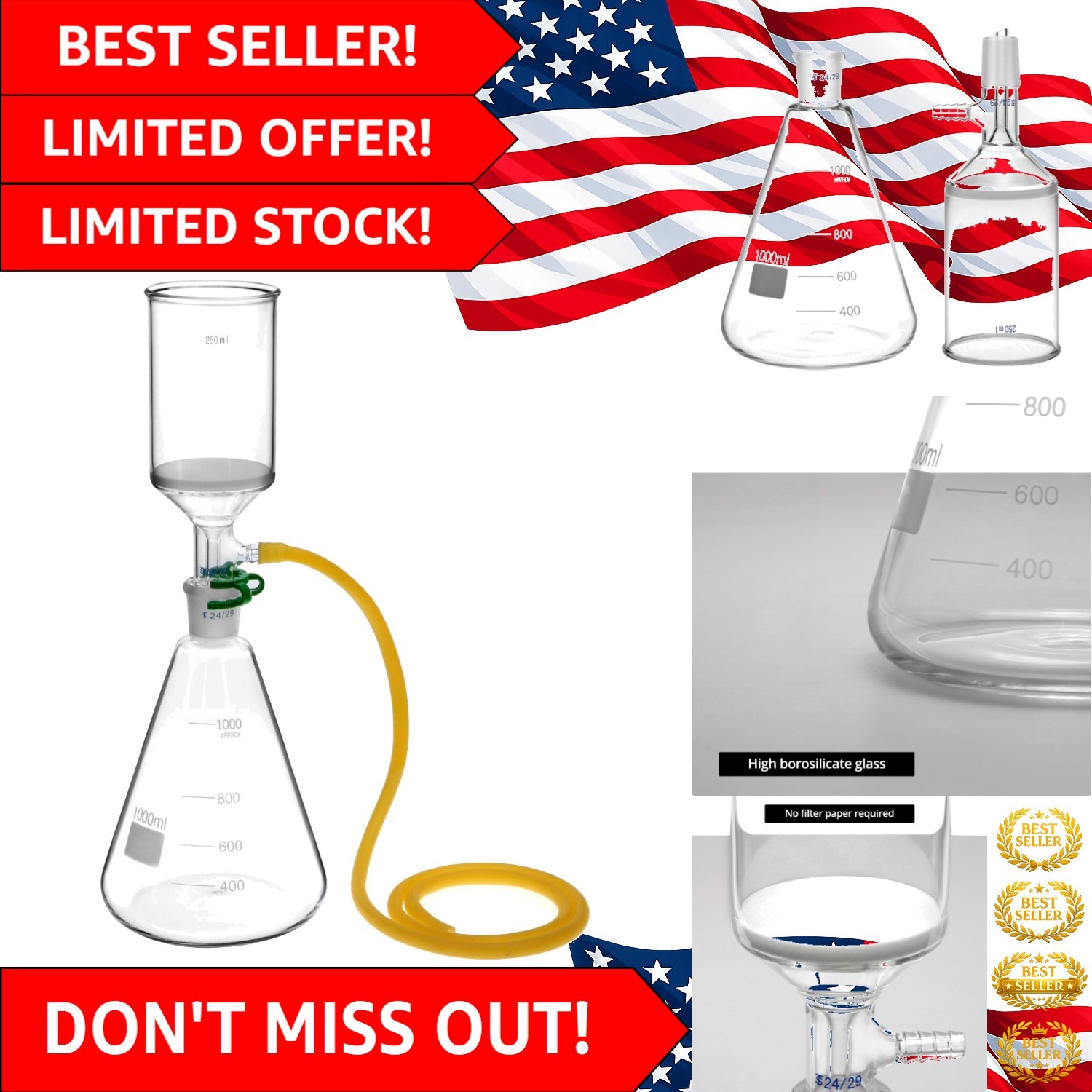 Buchner Funnel Filtering Kit – Borosilicate Glass, 250ml Funnel & 1000ml Filt…