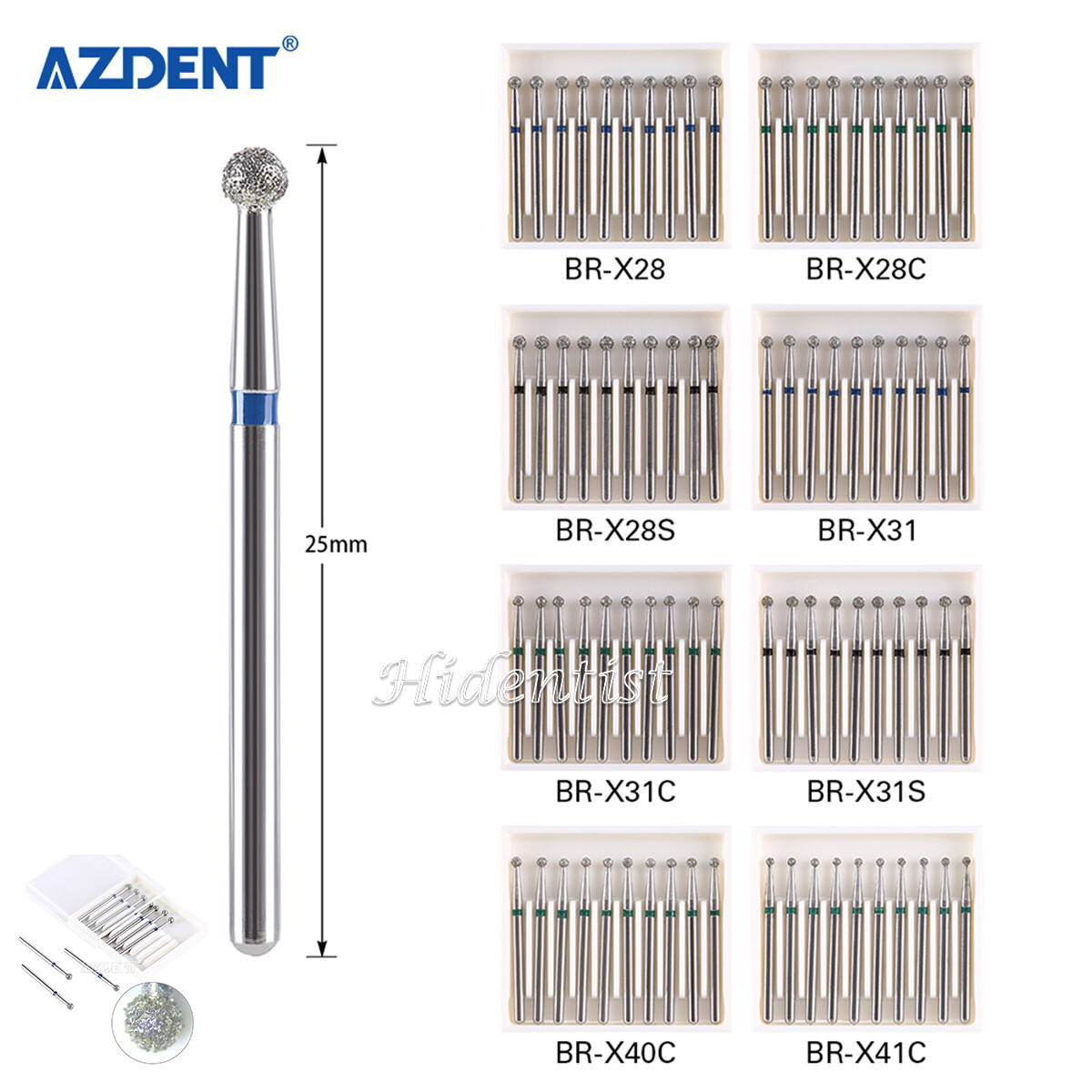 AZDENT Dental Diamond Burs Ball Round FG XL 1.6mm 25mm BR-X28-BR-X41C BR-X31