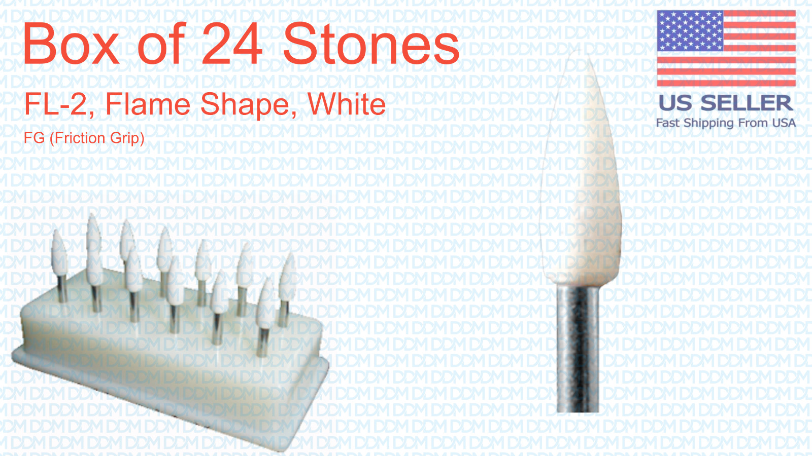 DDM FL-2 Dental Mounted Stone Abrasive Points Flame Shape White FG, 24 Pcs