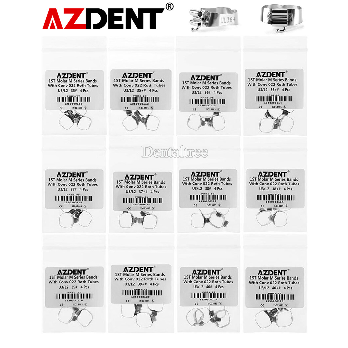 AZDENT Dental 1st Molar Bands Prewelded Buccal Tube Conv Roth.022 U3 L2 35#-40+#