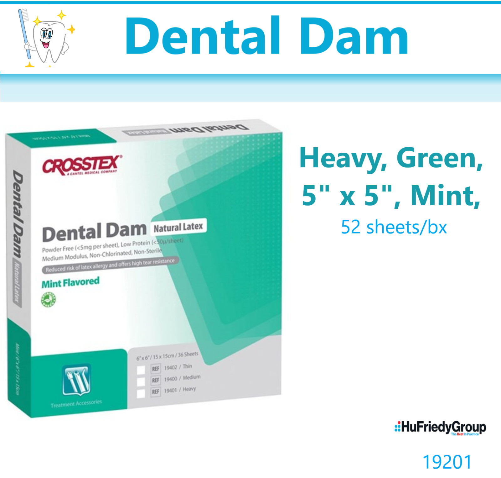 Dental Dam, Heavy Duty, Green, 5″ x 5″, Mint, 52 sheets/bx, Crosstex 19201