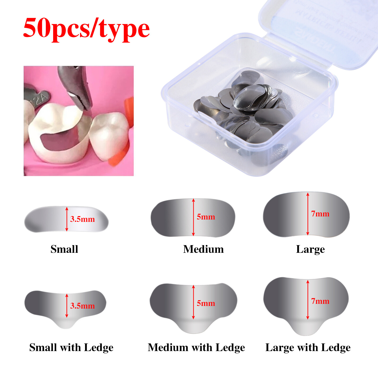 50Pcs Dental Matrices Bands Sectional Contoured Metal Matrix bands Hard S/M/L