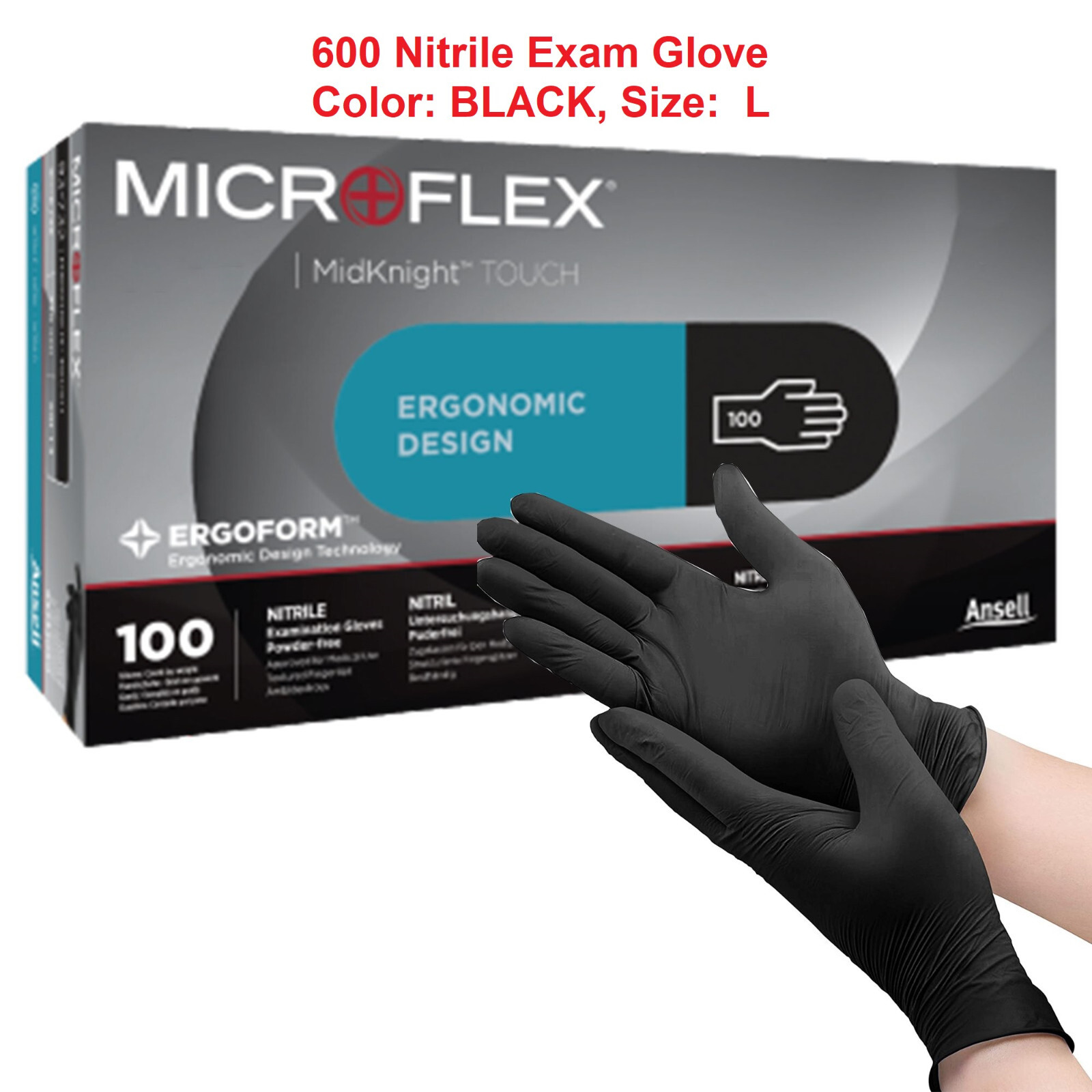 600 Ansell Nitrile Exam Gloves Microflex MidKnight Touch BLACK 93-735 LARGE