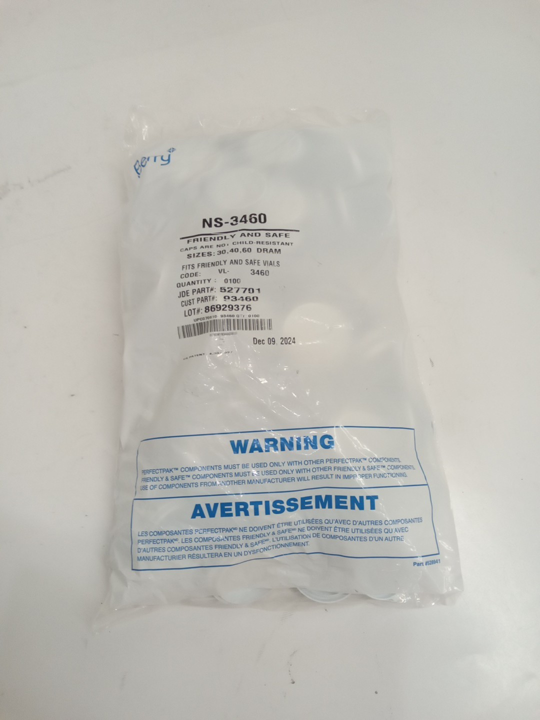 Berry NS-3460 Friendly & Safe Caps Not Child-Resistent 30,40,60 Dram White 100pk
