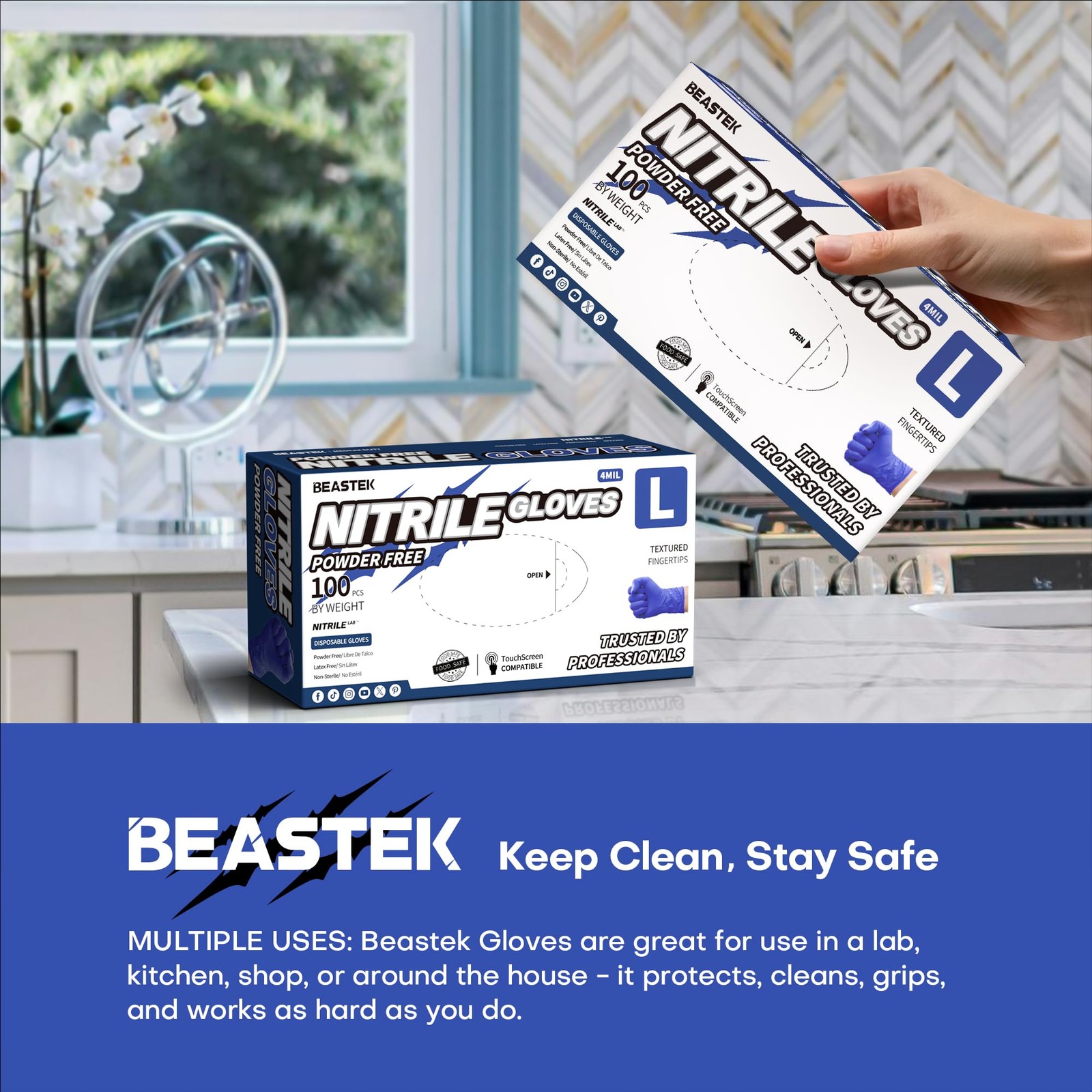 Beastek Nitrile Exam Gloves, 4.0 Mil 100 Pcs Powder-Free Latex-Free Medical