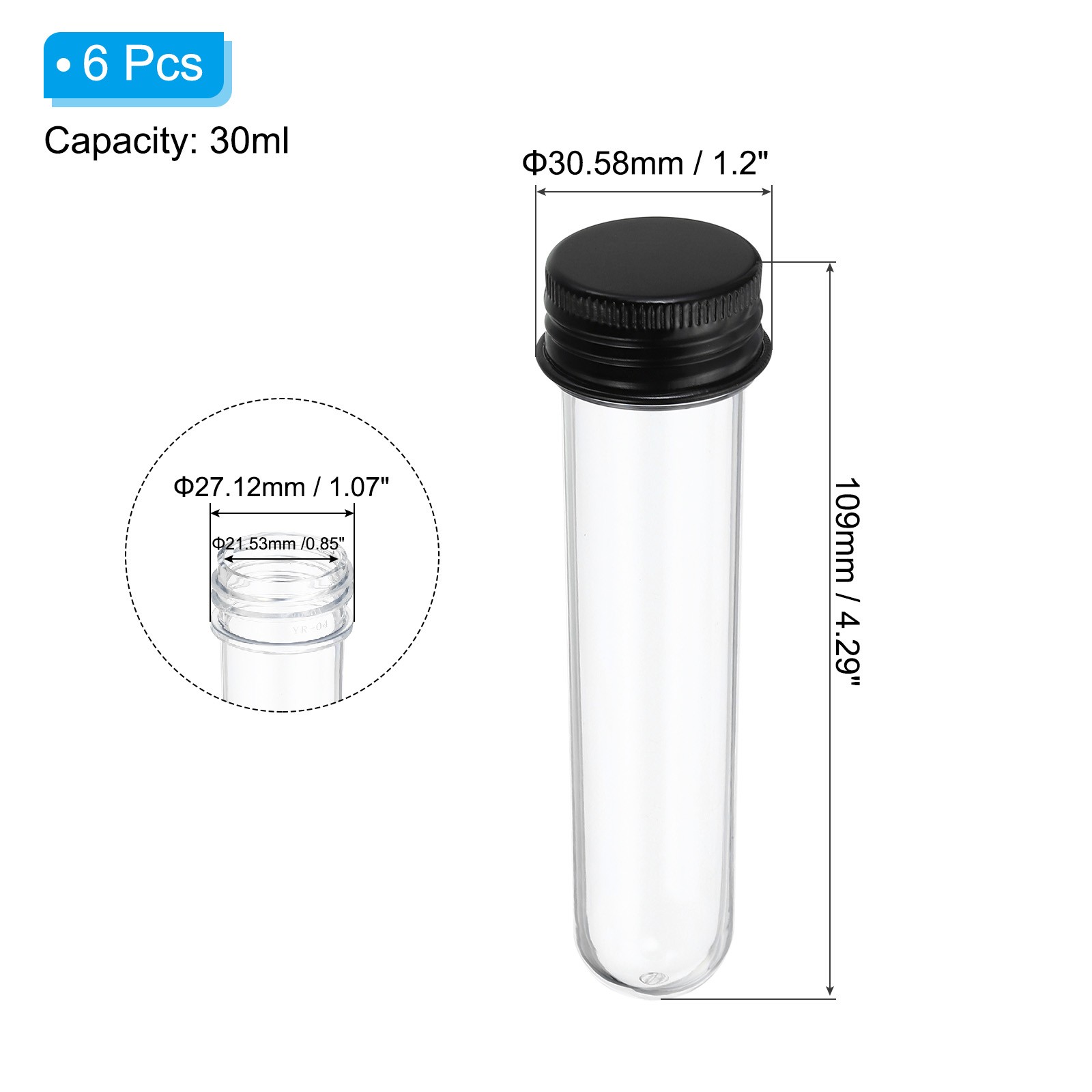 30ml Plastic Test Tubes with Screw Caps, 6Pcs 109x24mm Tubes, Black