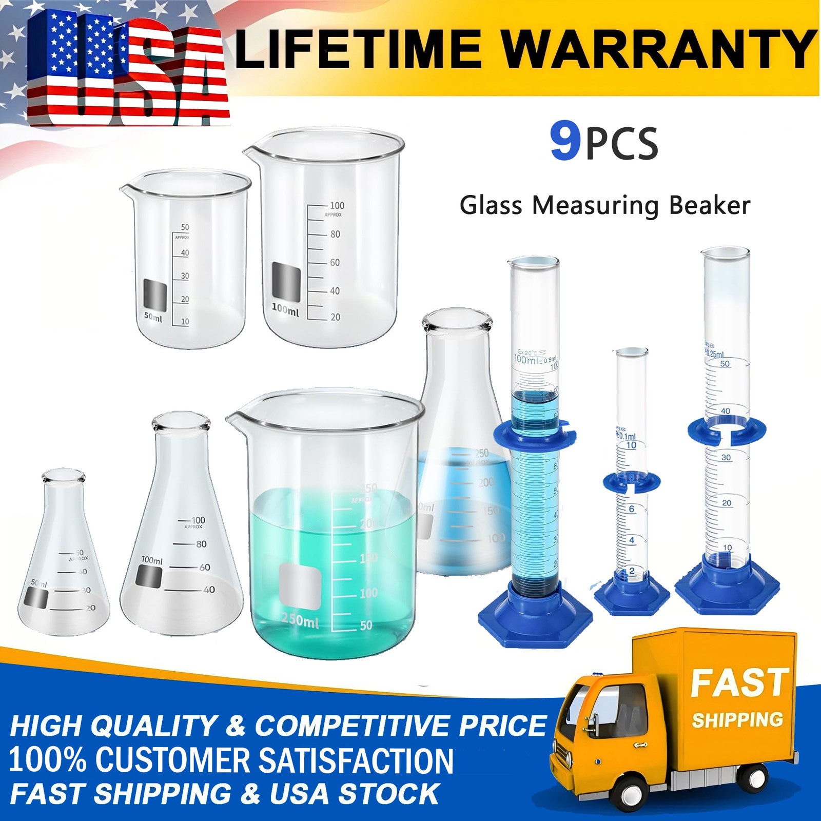 9PCS Lab Flask Set Graduated Cylinde Measuring Beaker 50/100/250ml Lab Glassware
