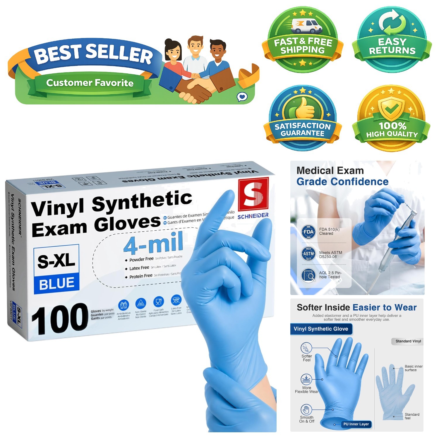 Blue Vinyl Disposable Gloves, 4 Mil, Waterproof, 100 Count – Ideal for Food Prep