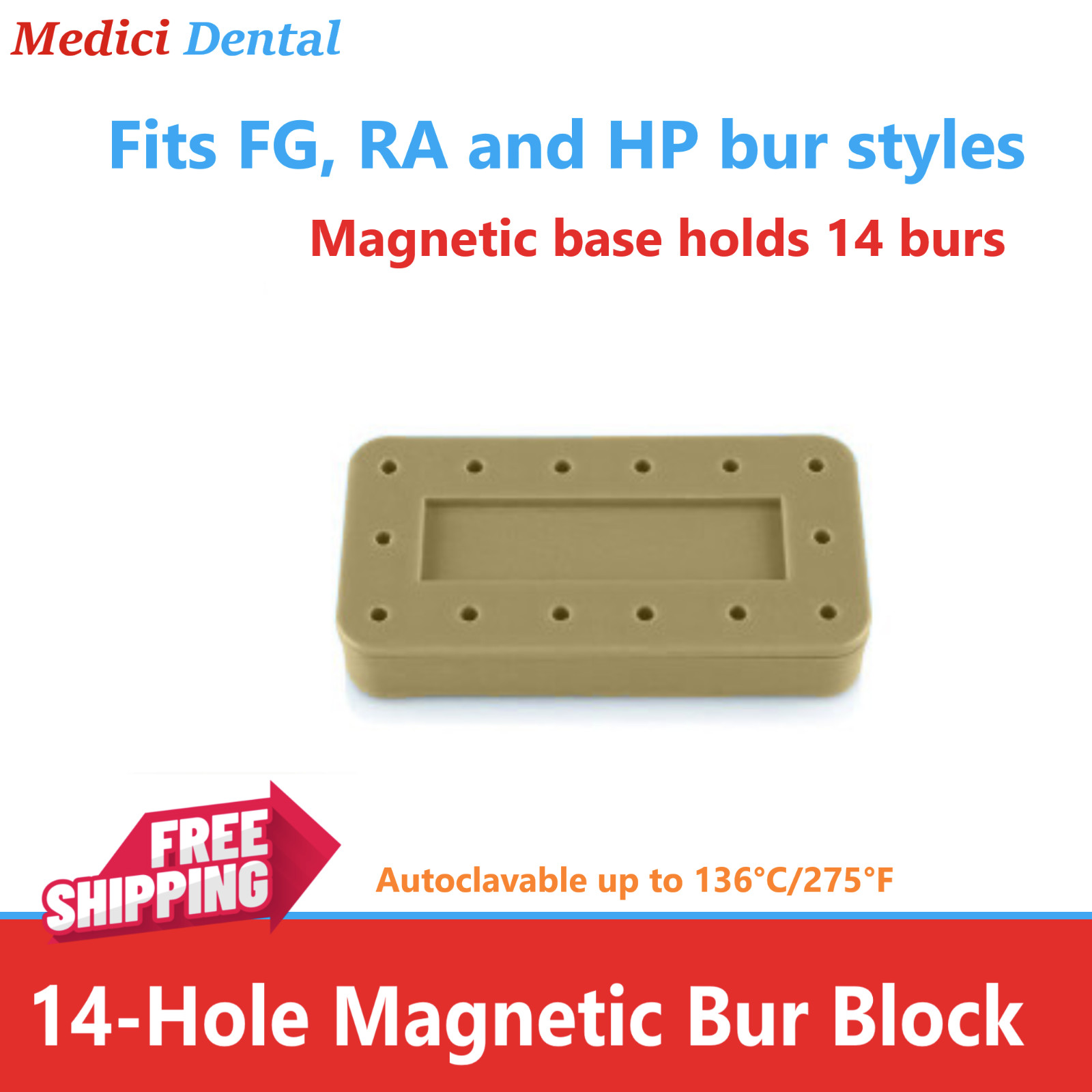 Dental Bur Block Magnetic RECTANGULAR Lab Holder Station Hold 14 Burs FG, HP, RA