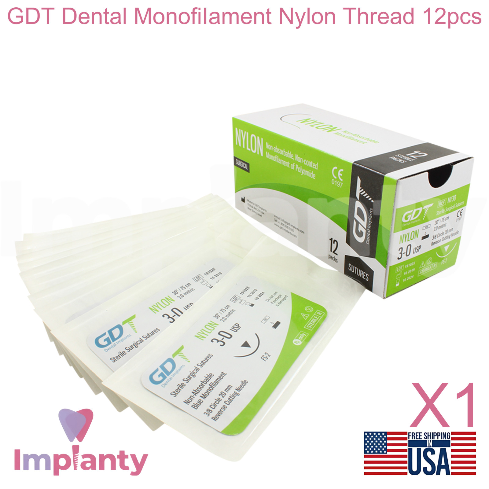 GDT Dental Mon0fiIament Nylon Thread 12pcs Blue SteriIe Individual Packs 75cm