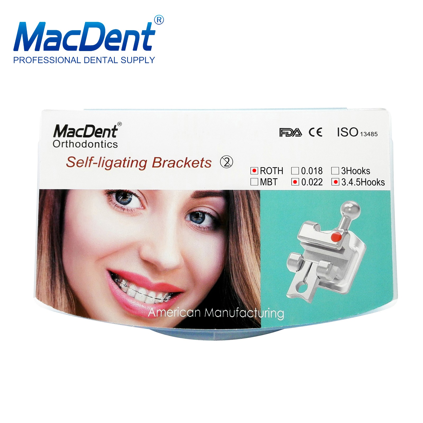 MacDent Dental Orthodontic Brackets Self-ligating Braces 022 Roth/MBT 345/3Hooks
